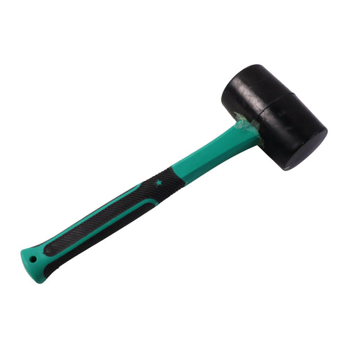 Heavy duty rubber mallet with shock-absorbing head and non-slip fiberglass handle