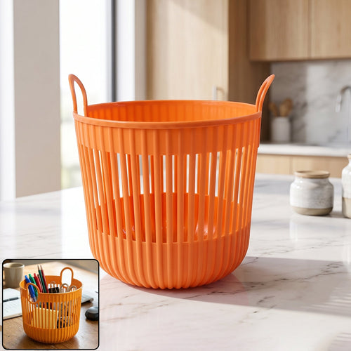 Plastic round storage basket with dual handles and Roman pattern