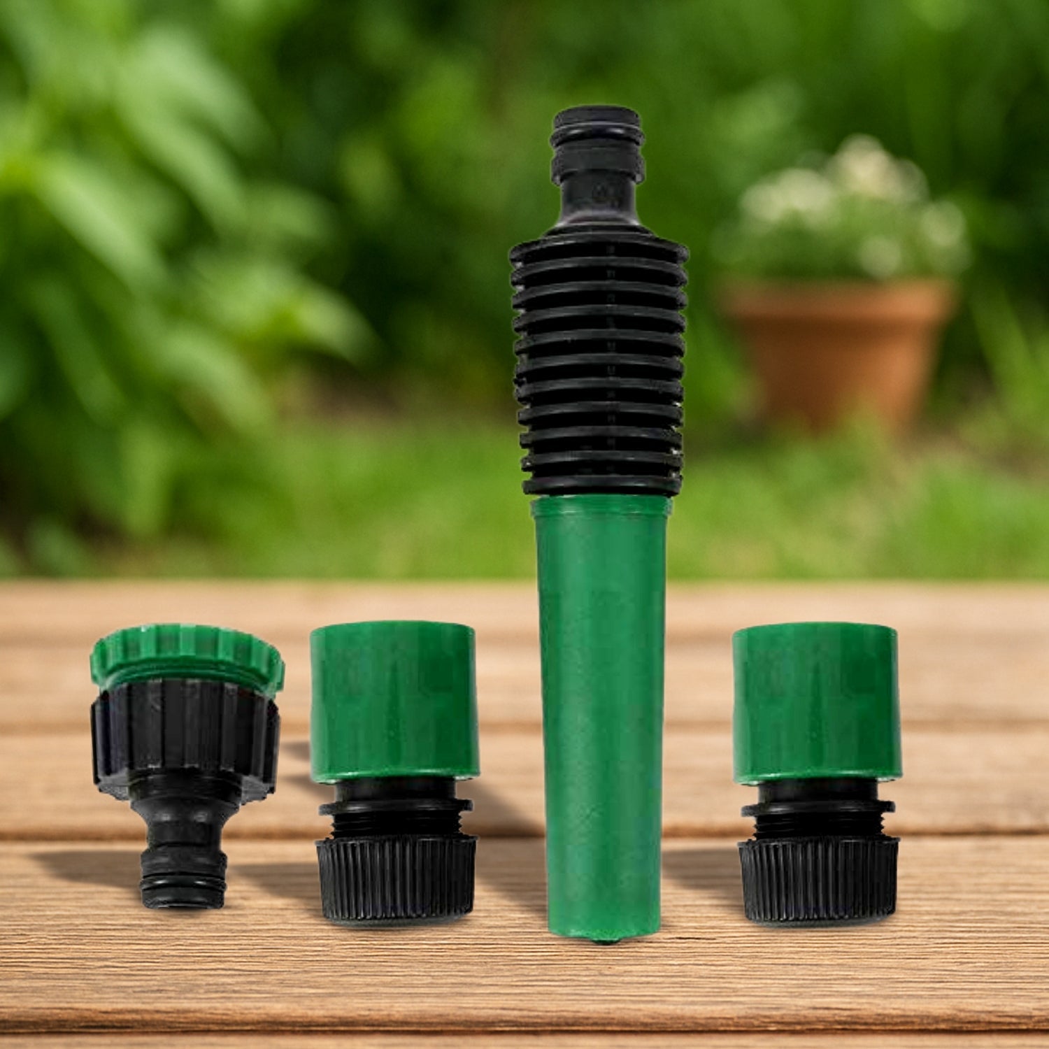 Retail packaging for the durable 4-piece garden hose nozzle and connector set.