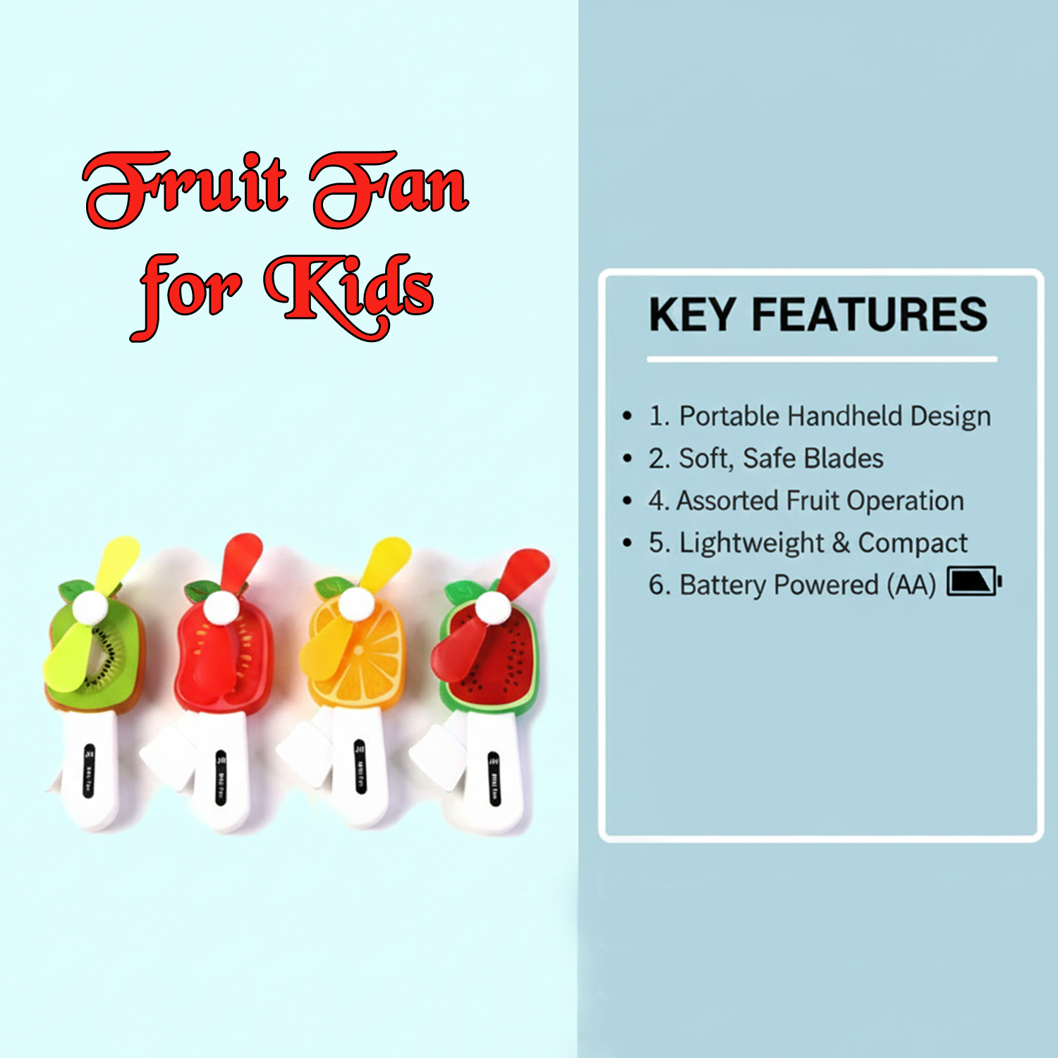 Front view of fruit-shaped mini fan designed for child-safe portable cooling