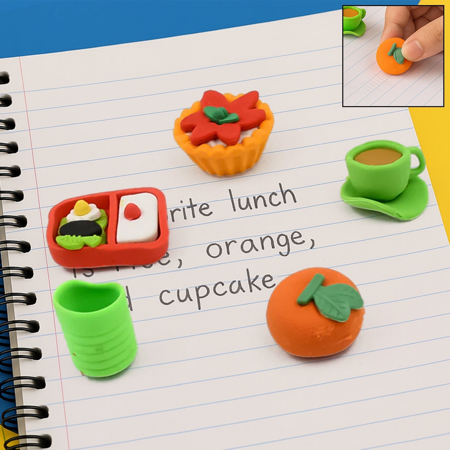 A vibrant set of 3D erasers for kids, featuring various fun shapes and colors, displayed against a white background.