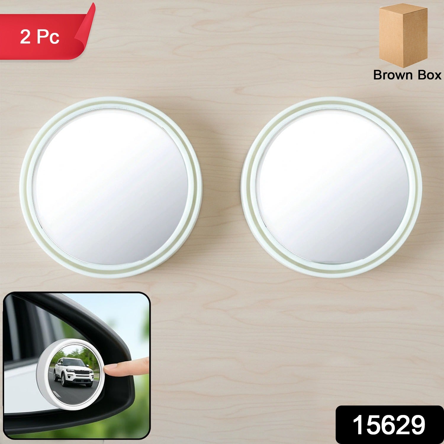 Close-up of white blind spot mirror with convex wide-angle surface