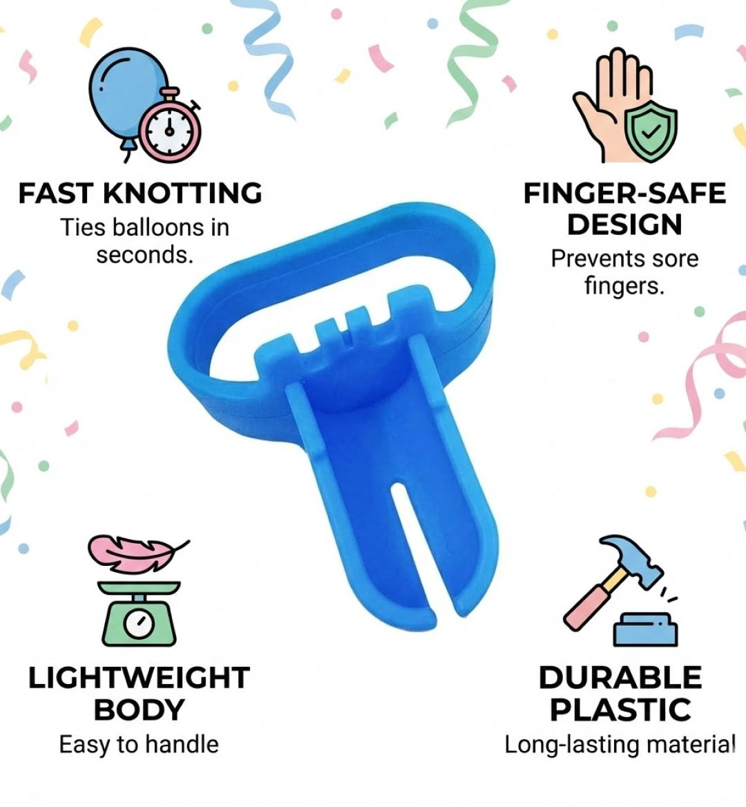 The Balloon Tying Tool shown with string, highlighting its versatility for various party decor.