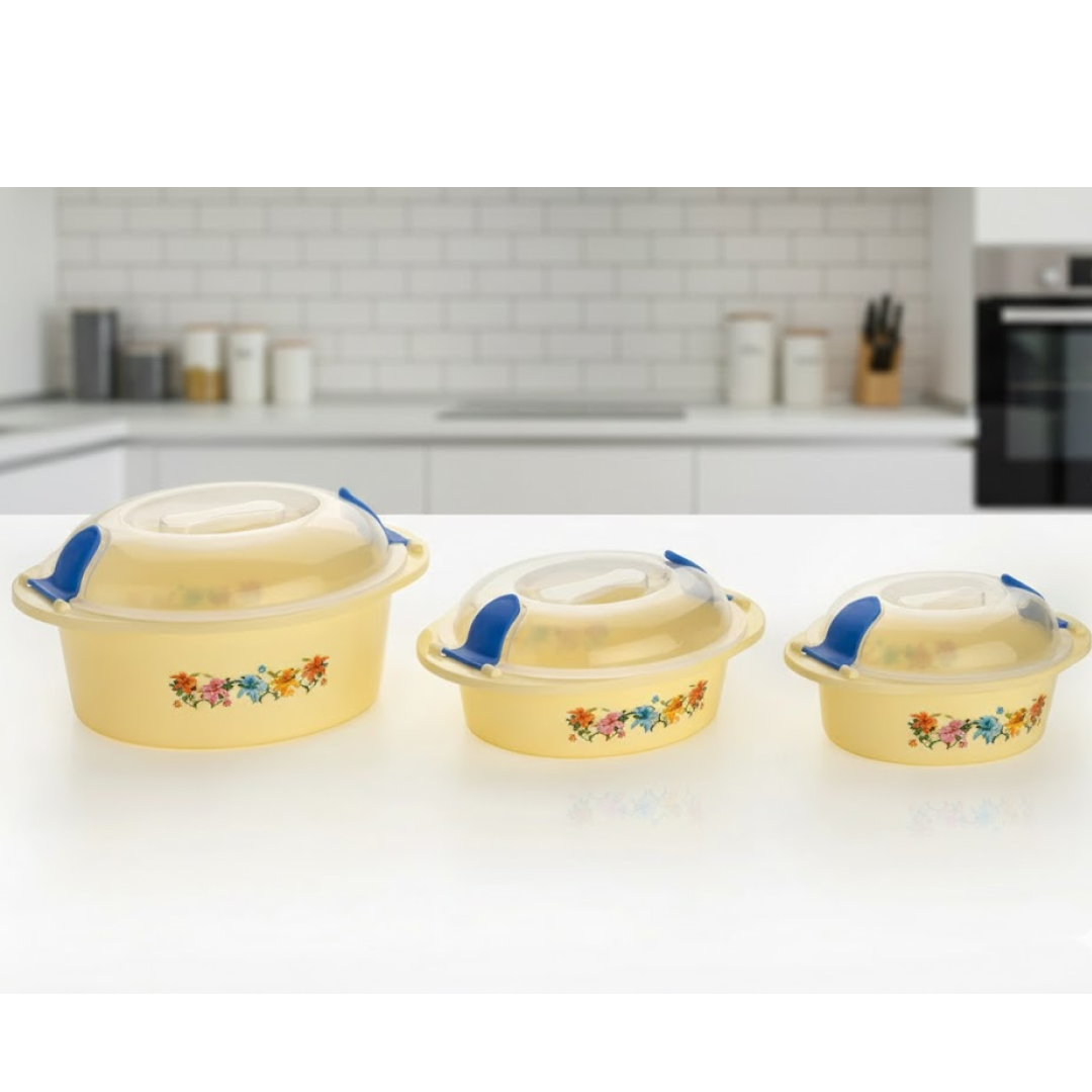 Three multicolour insulated casserole dishes with chrome accents, ideal for keeping food warm.