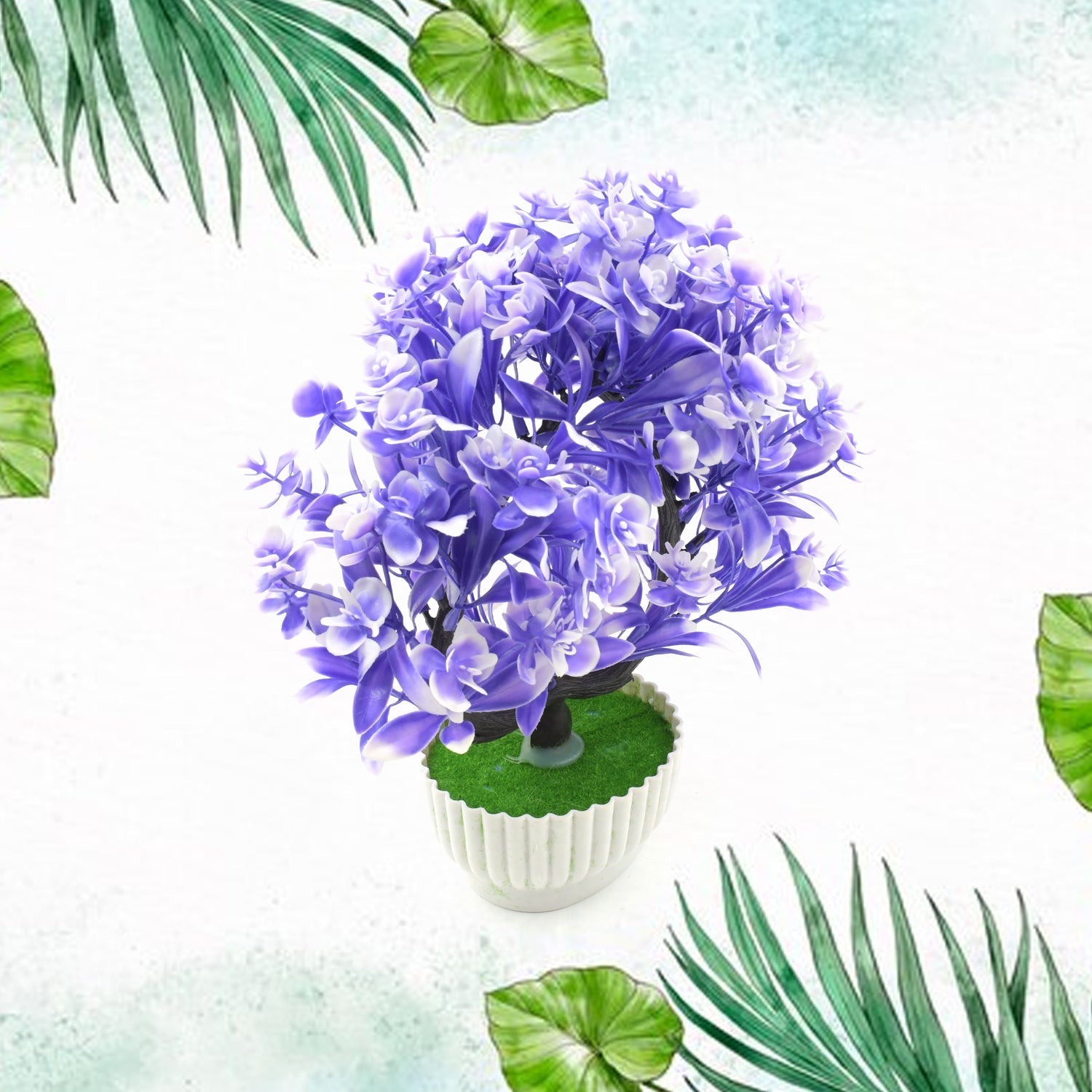 Front view of the compact artificial flower plant in its pot, ideal for tabletop decoration.