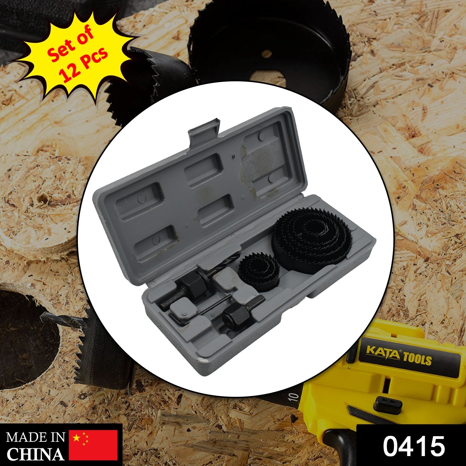 Comprehensive 12-piece hole saw kit for precise cuts in wood and plasterboard.