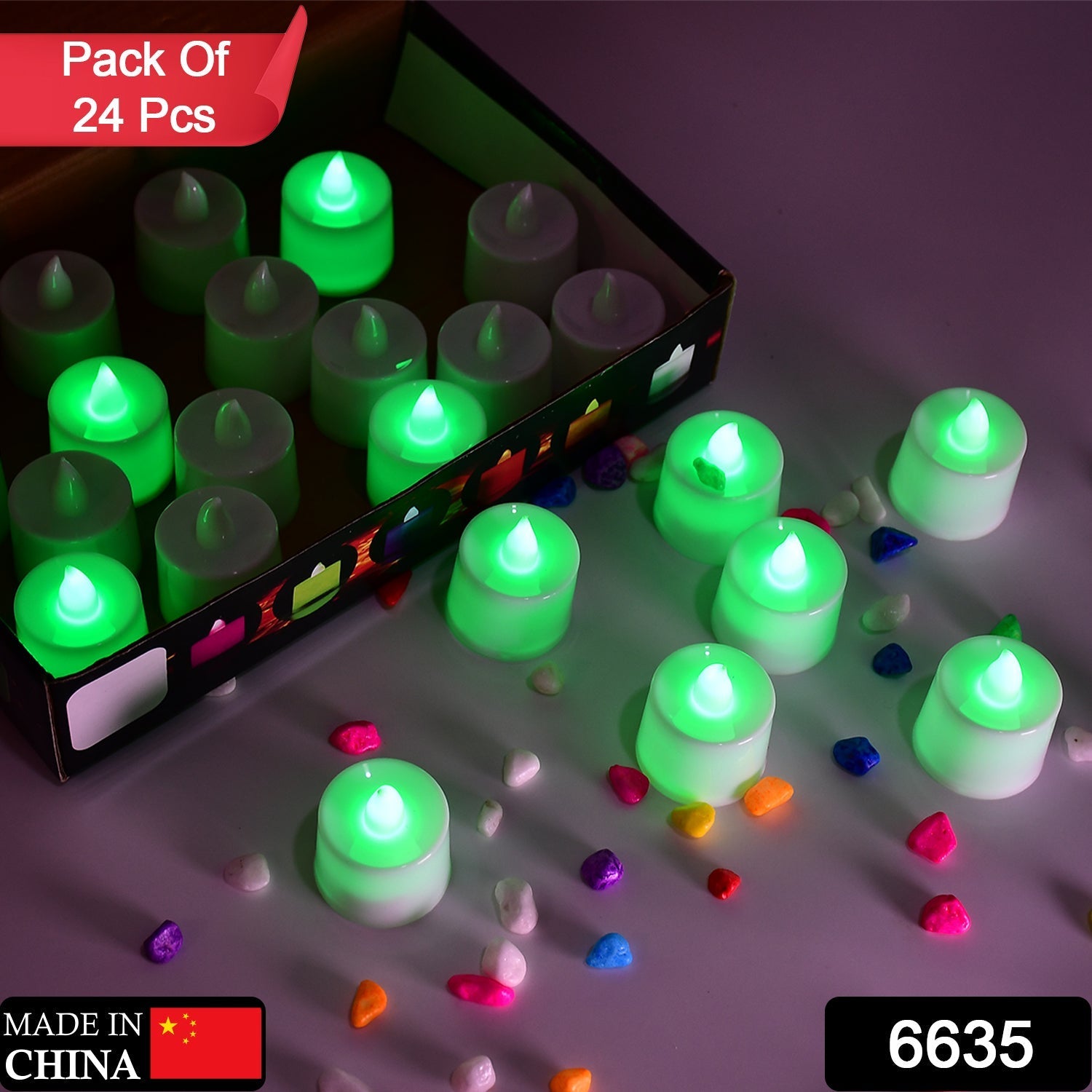 A close-up of multiple green smokeless LED candles arranged decoratively.