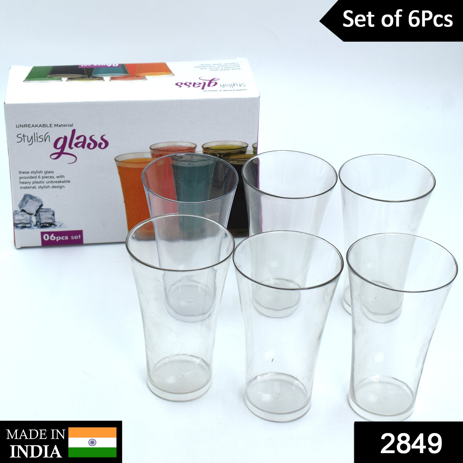 Transparent plastic drinking glasses set of 6 on a white background.