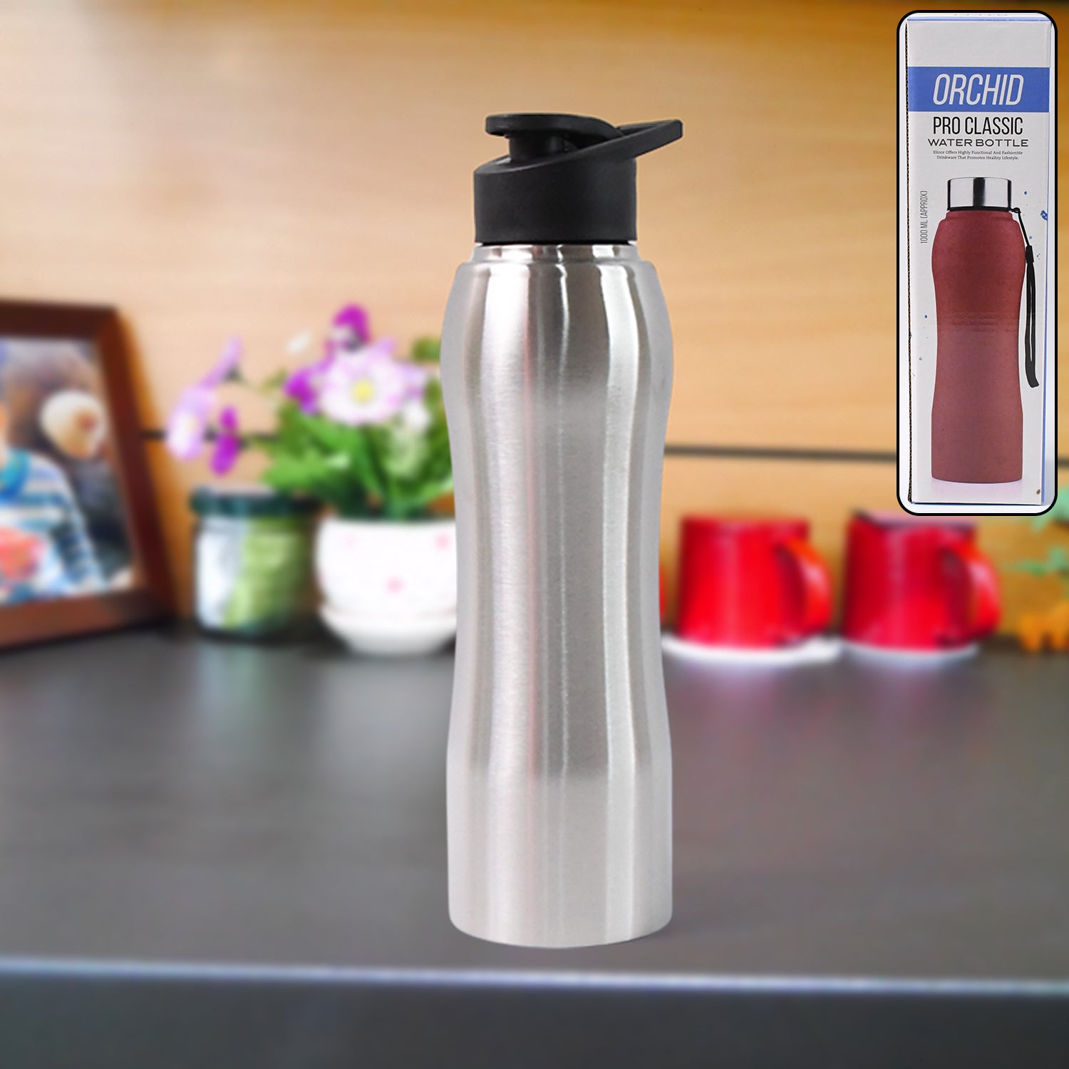 Front view of stainless steel vacuum-insulated water bottle maintaining temperature