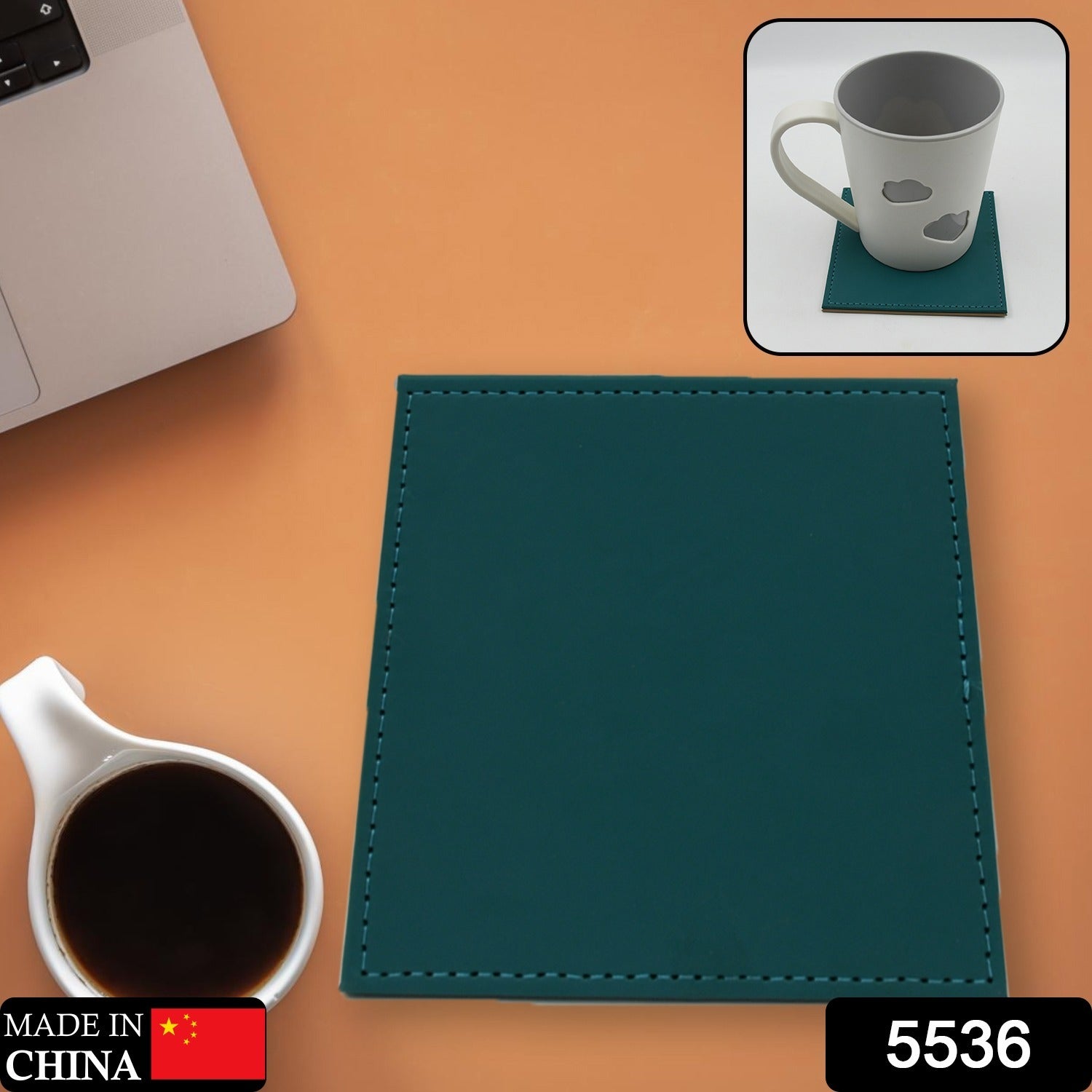 Close-up of the premium square leather coaster with stitched edges.