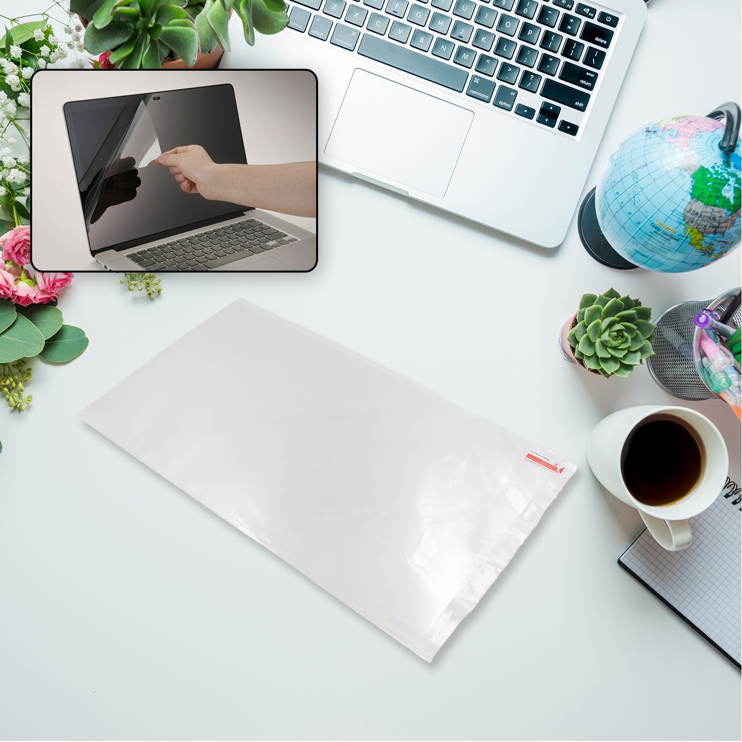 Graphic illustrating how the Laptop Blue Light Screen Protector reduces eye strain.