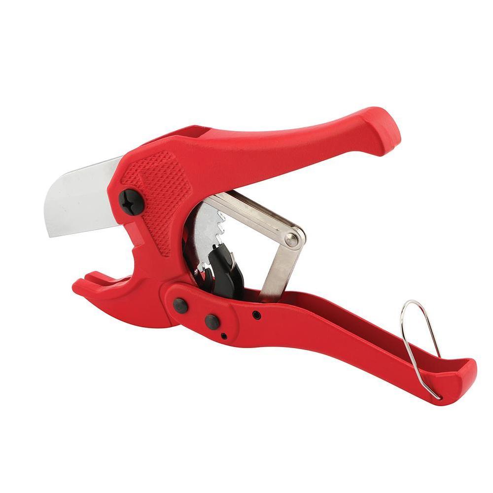 Ergonomic PVC pipe cutter making a clean cut on a plastic pipe.