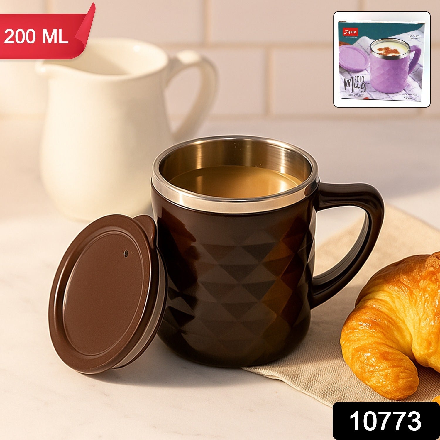 Close-up side view of insulated coffee mug with easy-grip handle and spill-proof lid