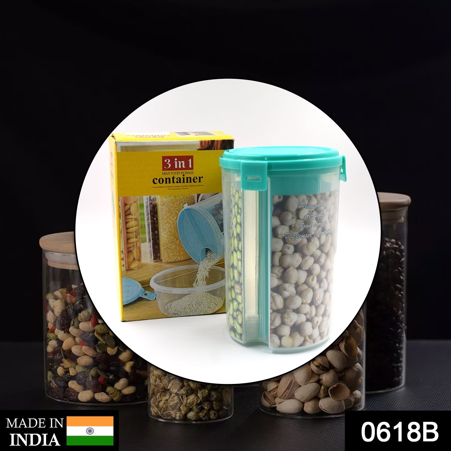 View of the 3-in-1 airtight food storage container with its clear design and packaging.