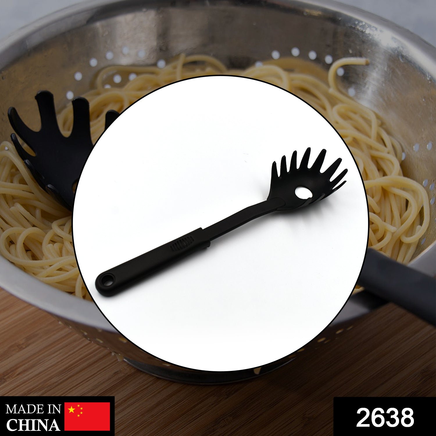Close-up of a black heat-resistant pasta server with its unique tooth spacing and ergonomic handle.