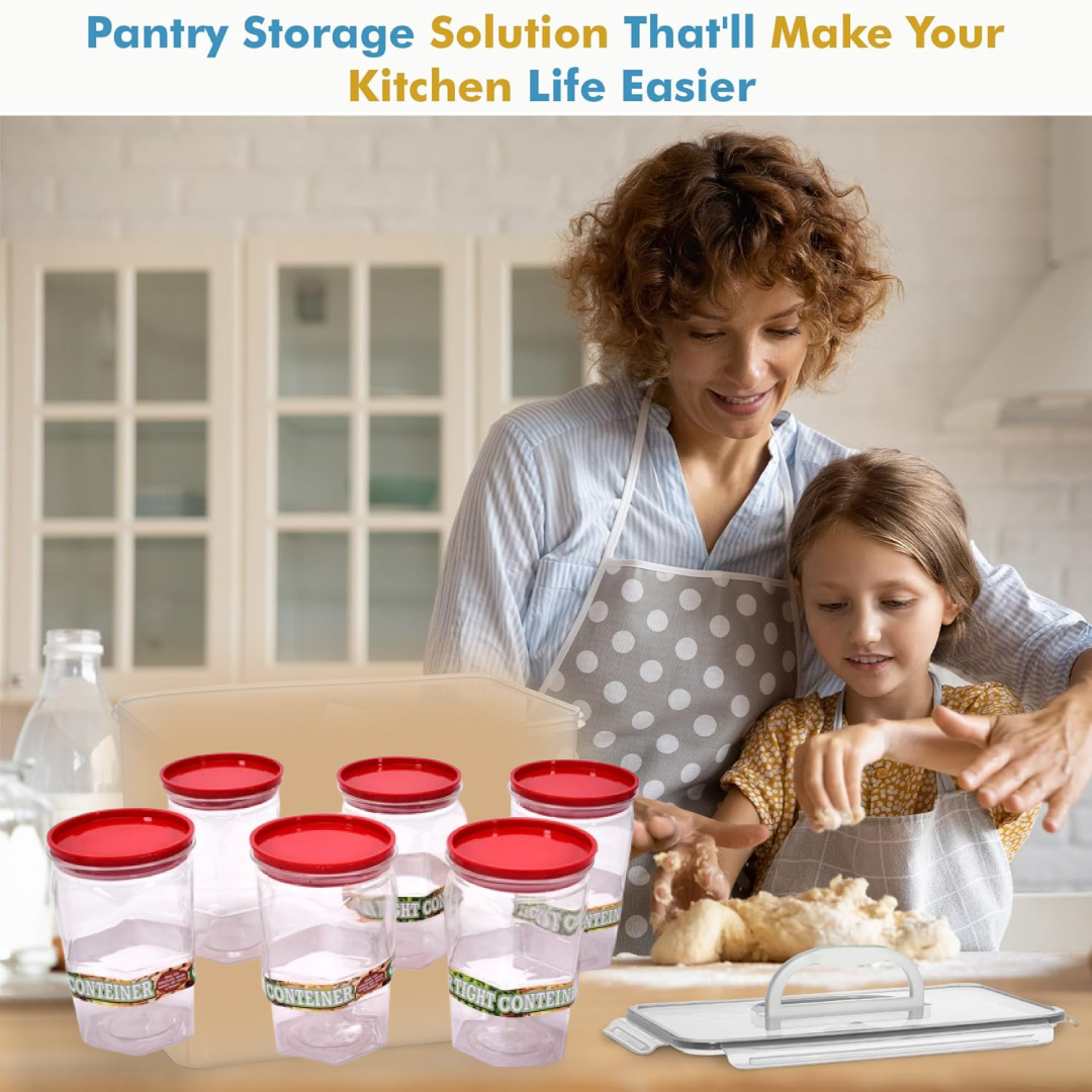 Stackable BPA-Free food storage containers neatly arranged in a kitchen pantry.