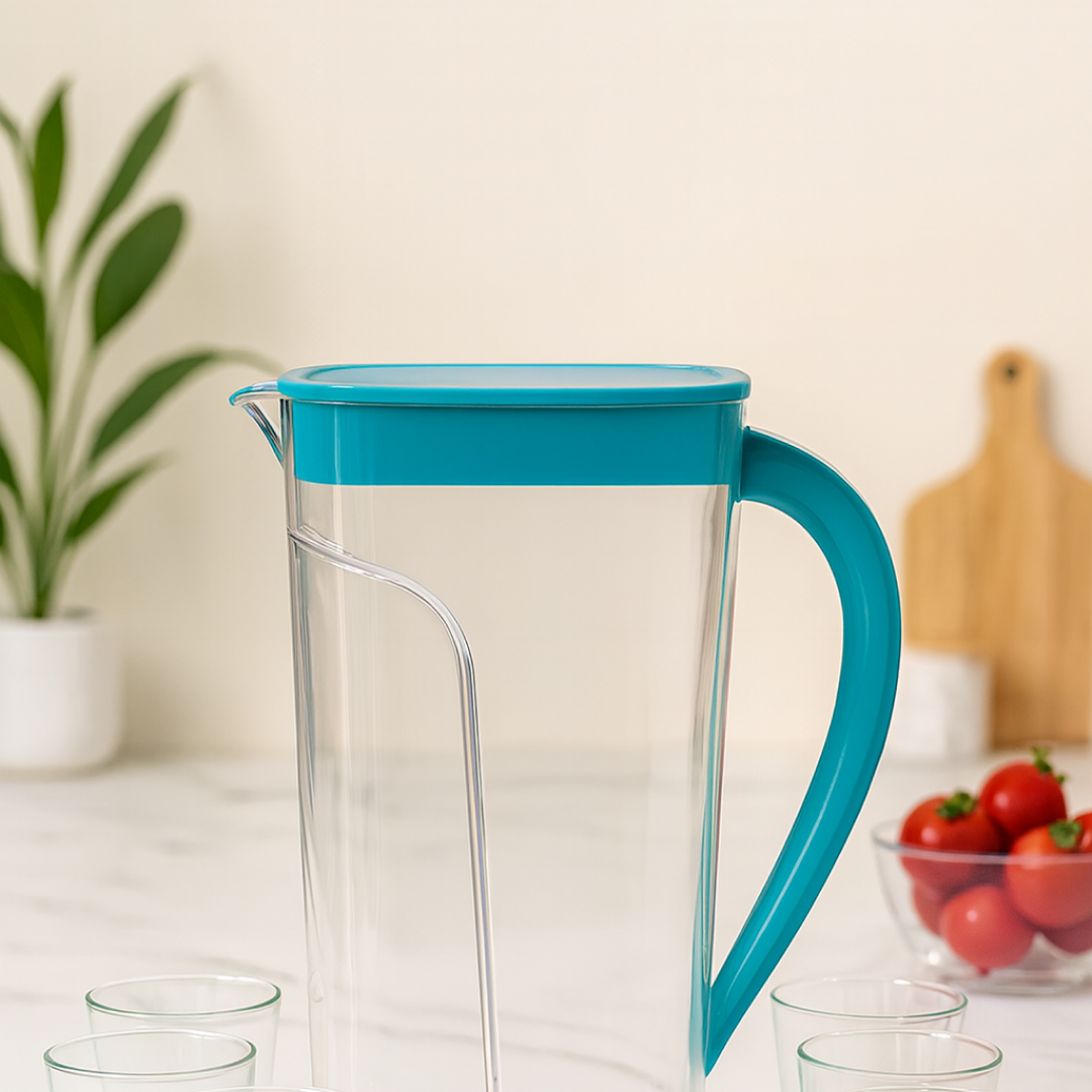 Supermom Marina plastic jug set with 6 glasses displayed on a table
