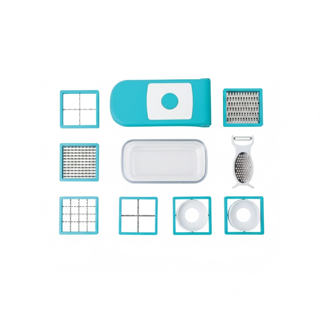 Various blade attachments and accessories included with the Ganesh Vegetable Dicer.