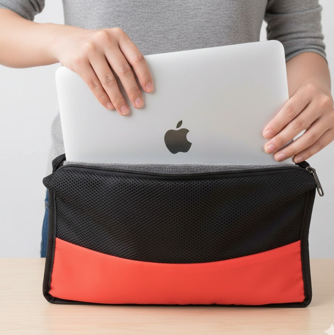 Inside view of the laptop sleeve, demonstrating its soft lining for scratch prevention.