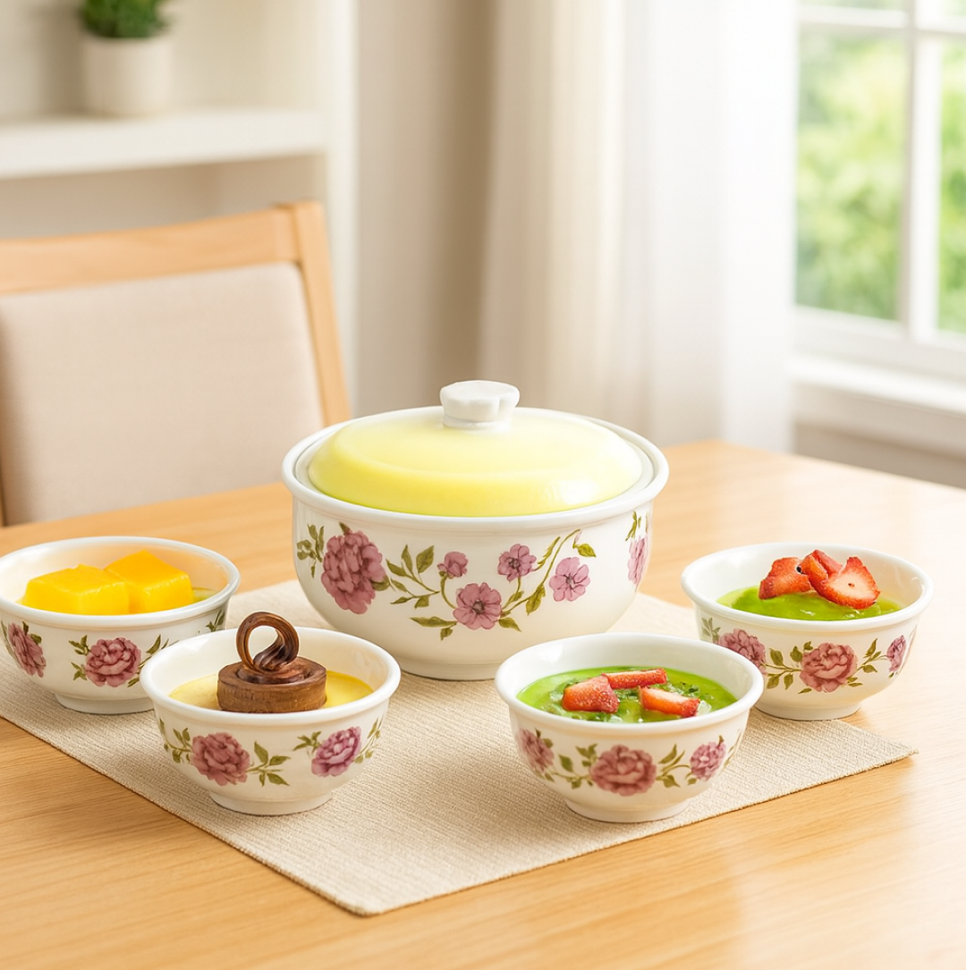 The complete 5-piece serving set beautifully arranged for dessert.