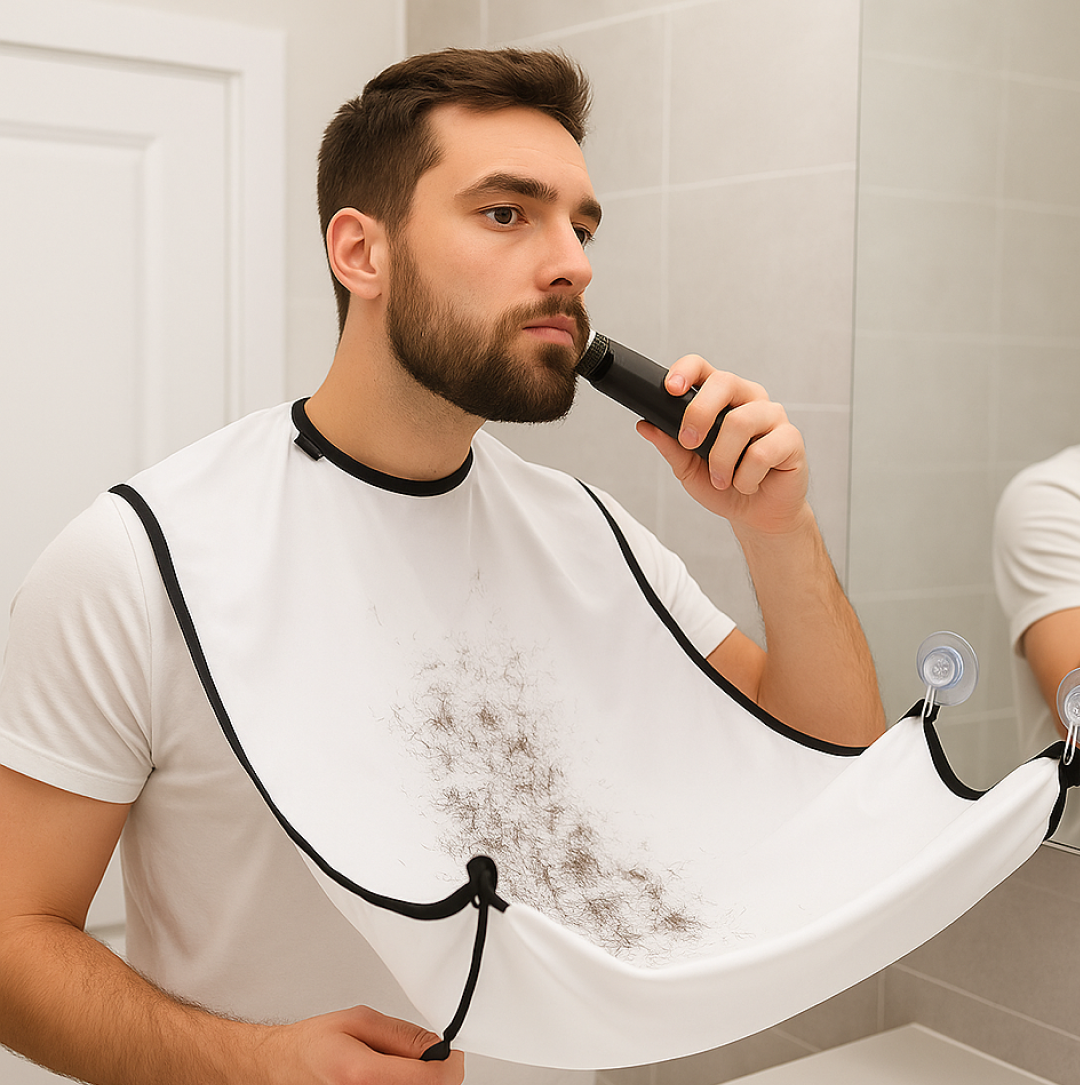 Diagram showing steps to easily use the beard apron for mess-free grooming.