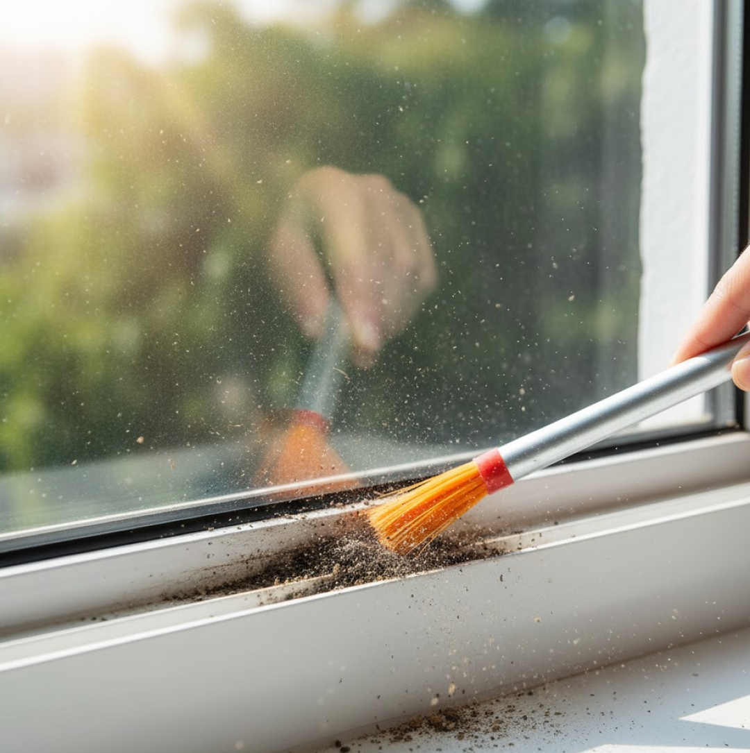Close-up of the durable stainless steel handle and plastic bristles of the cleaning brush.