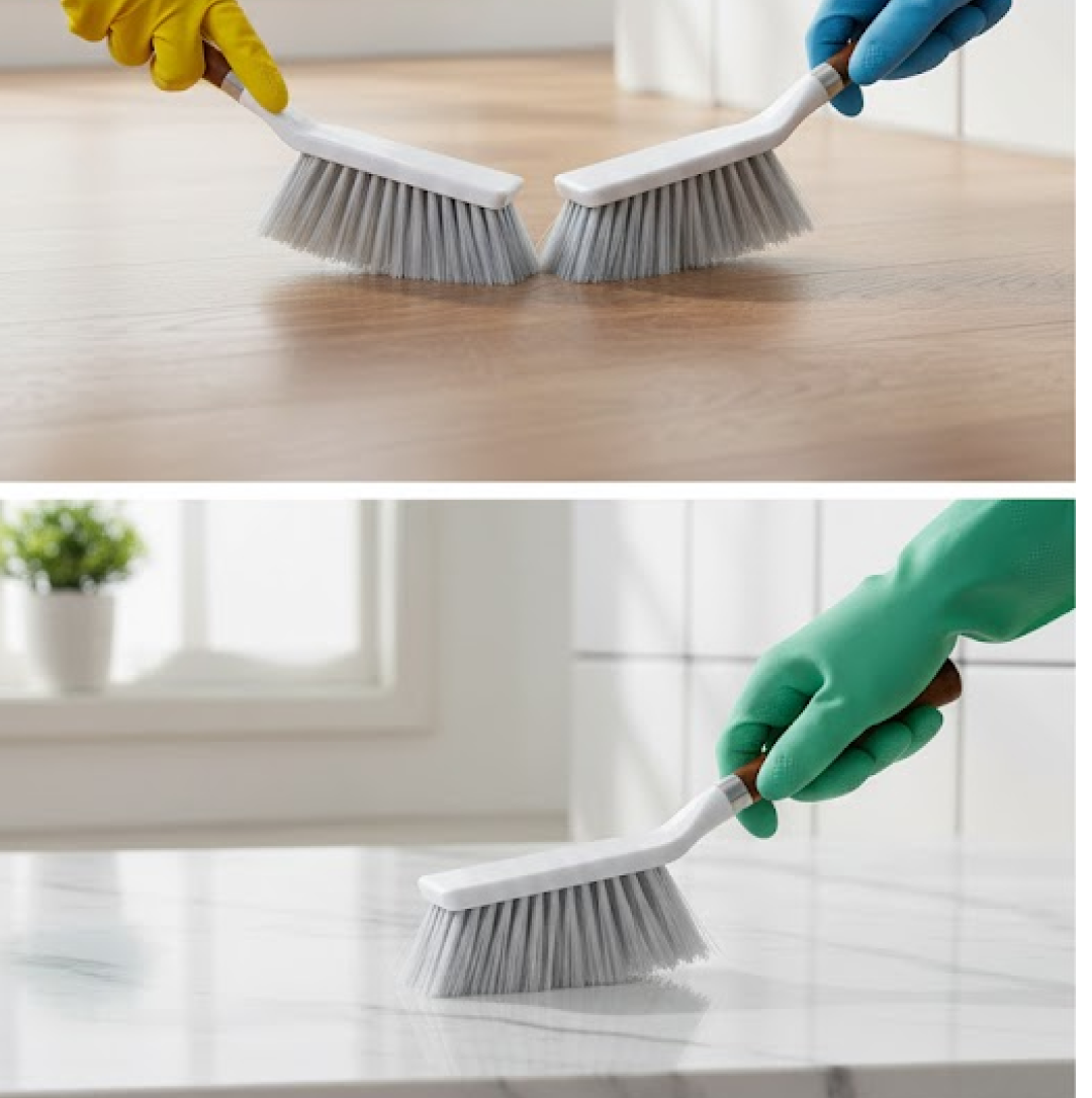 Various examples of the cleaning brush being used for household surfaces like sofas and furniture.