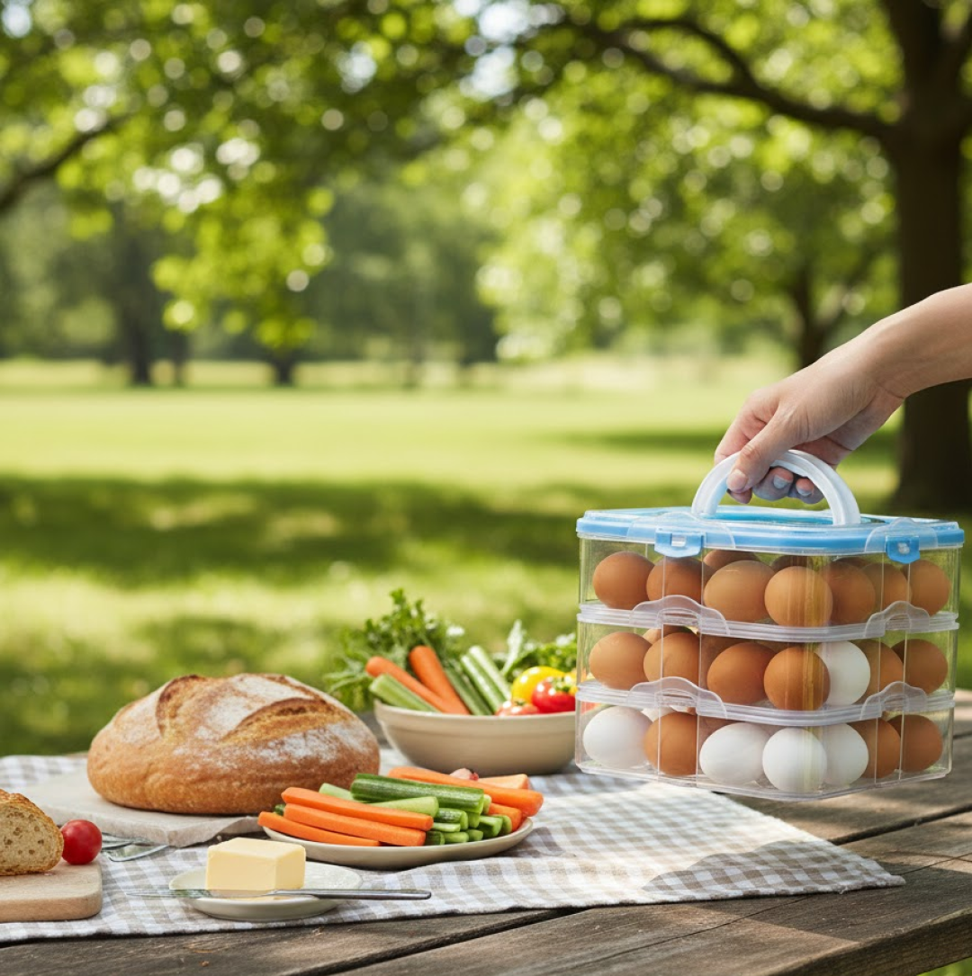 Person carrying the secure plastic egg holder, perfect for market trips.