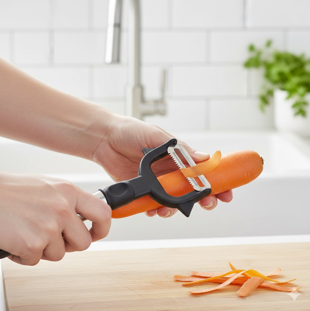 The 2-in-1 double julienne and vegetable peeler ready for kitchen use.