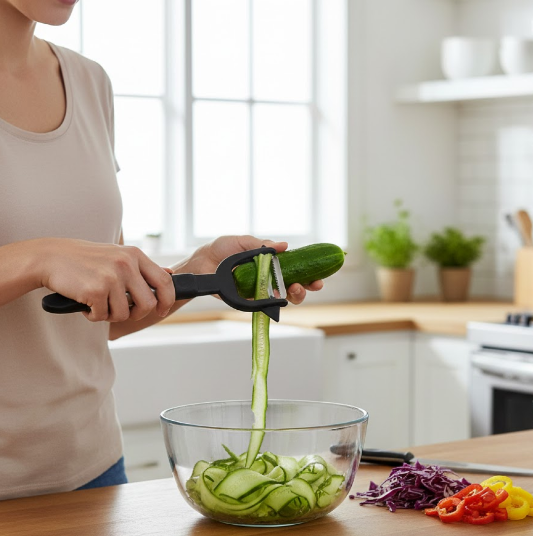 Close-up of the ultra-sharp stainless steel blades on the versatile peeler.