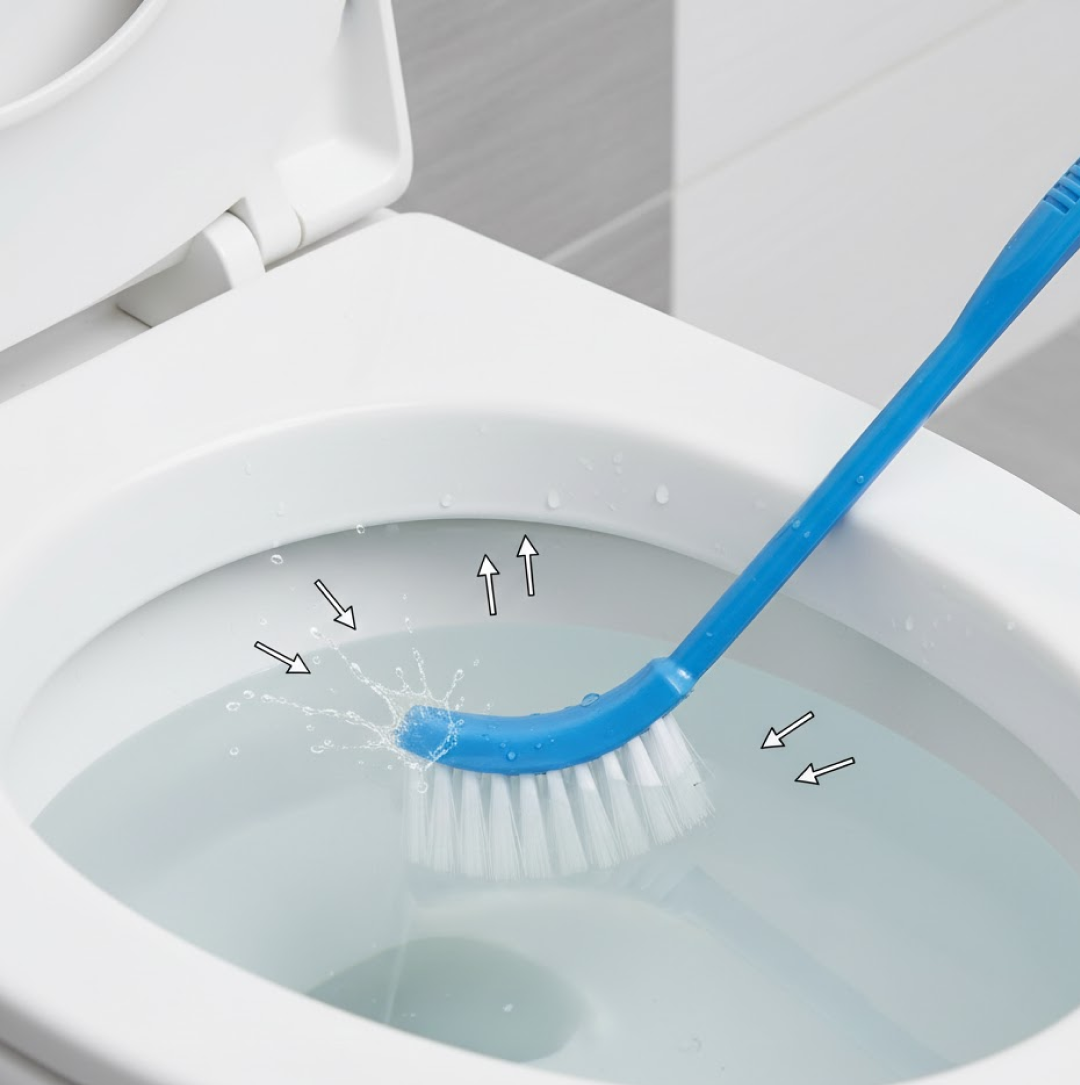 Long handle toilet brush offering extended reach for thorough bathroom cleaning.