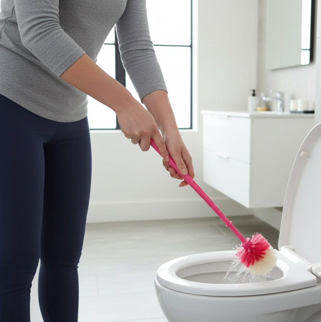 Ergonomic design of the plastic round toilet cleaner brush.