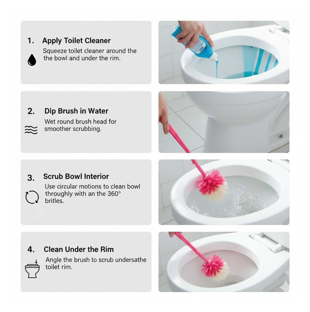 Long handle of the toilet cleaner brush with a convenient hanging eyelet.