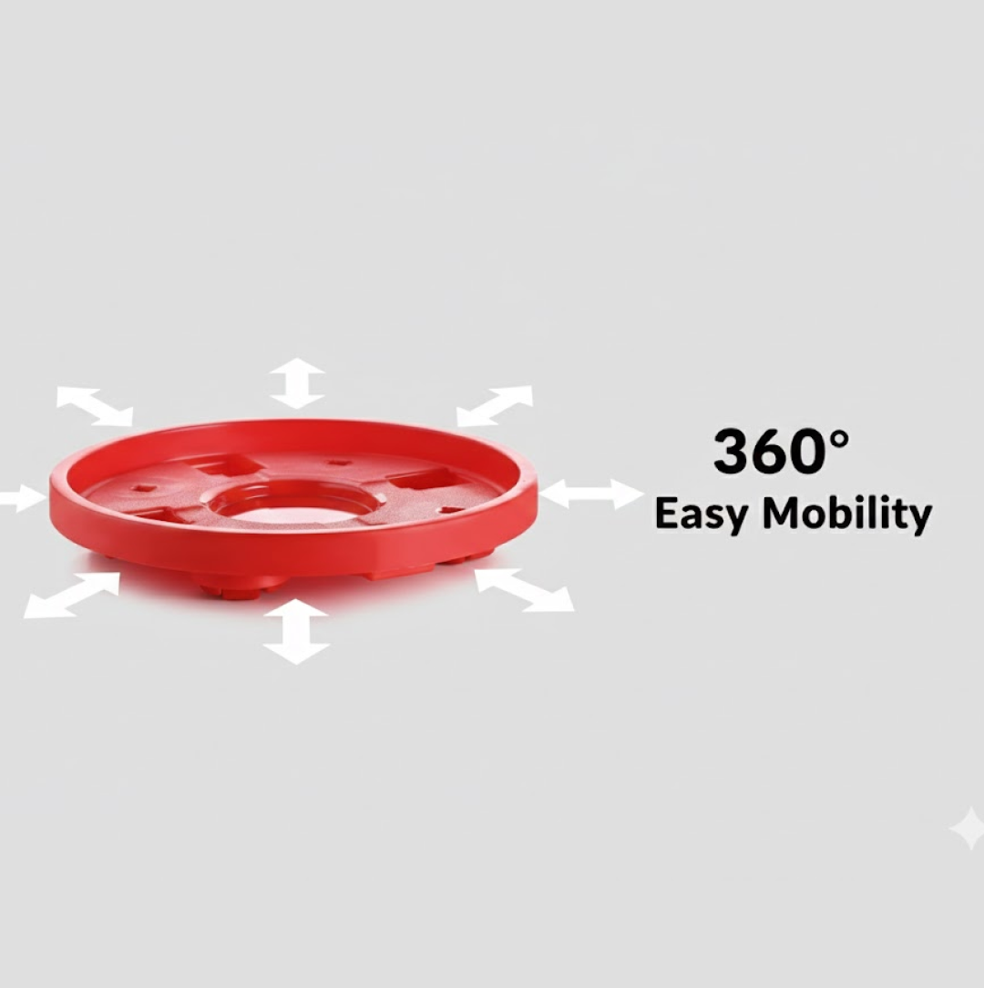 Front view of the red plastic gas cylinder trolley with sturdy wheels.