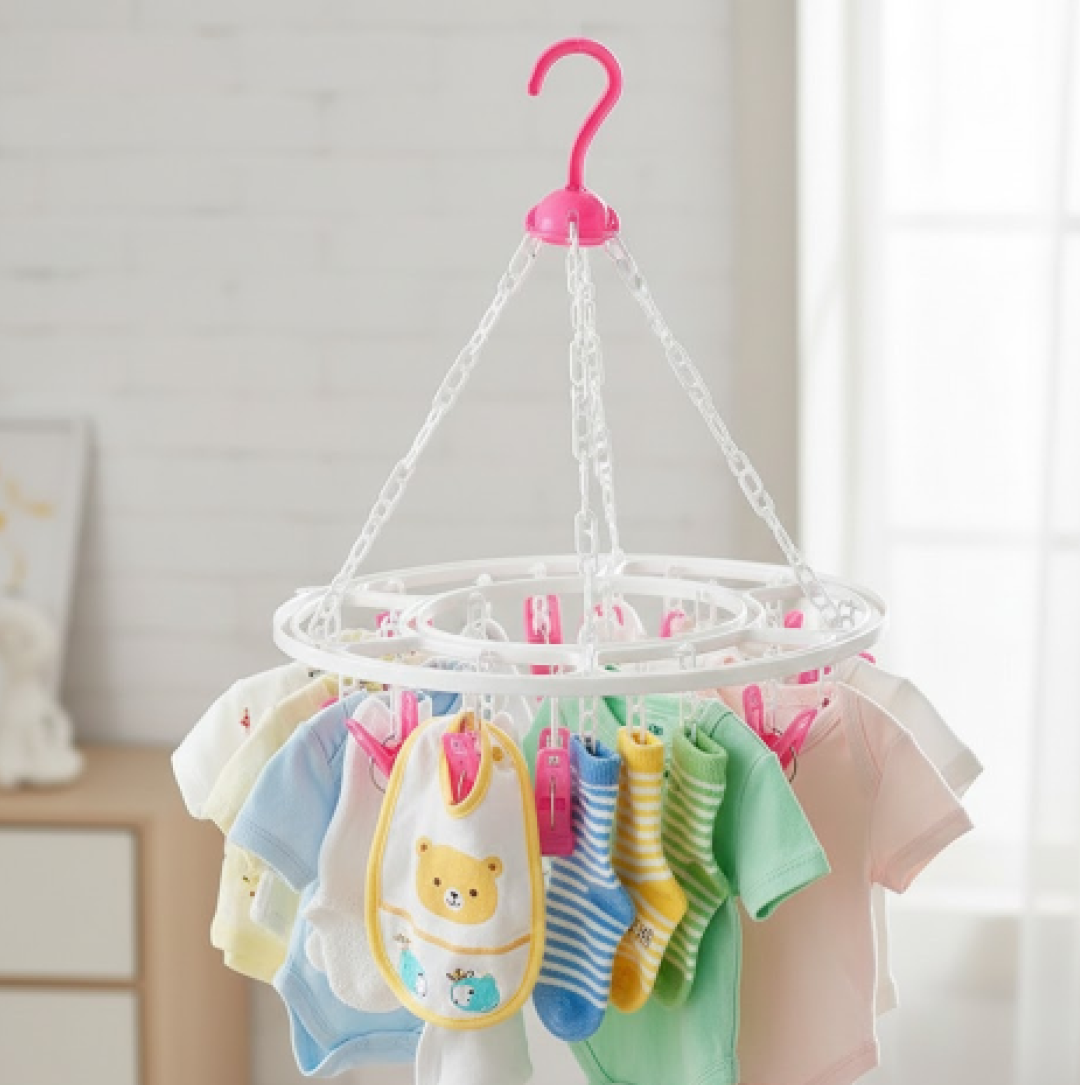 Close-up of the durable plastic clips on the multicolour drying stand.