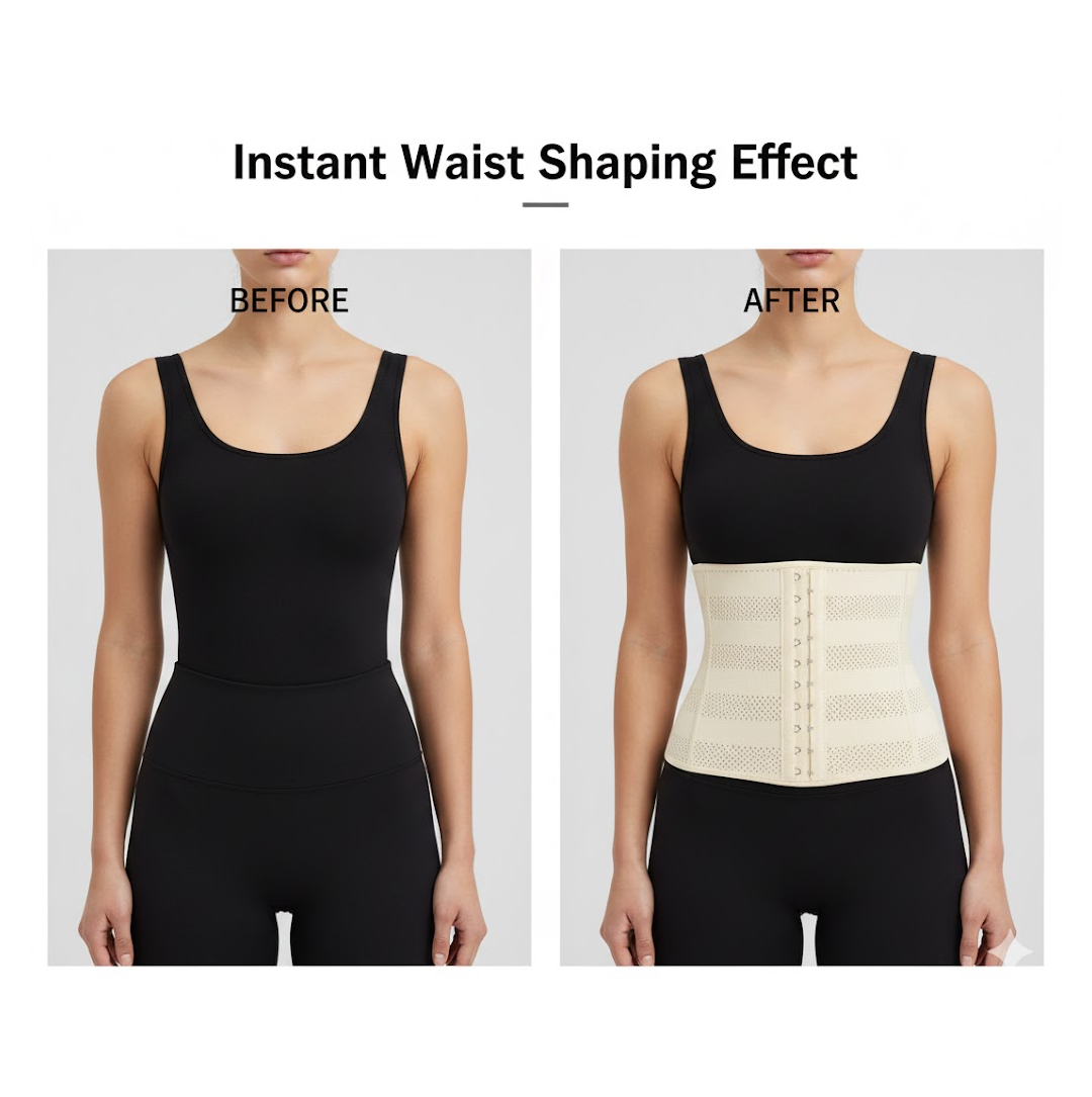 Woman wearing a black waist cincher for tummy control and posture support.