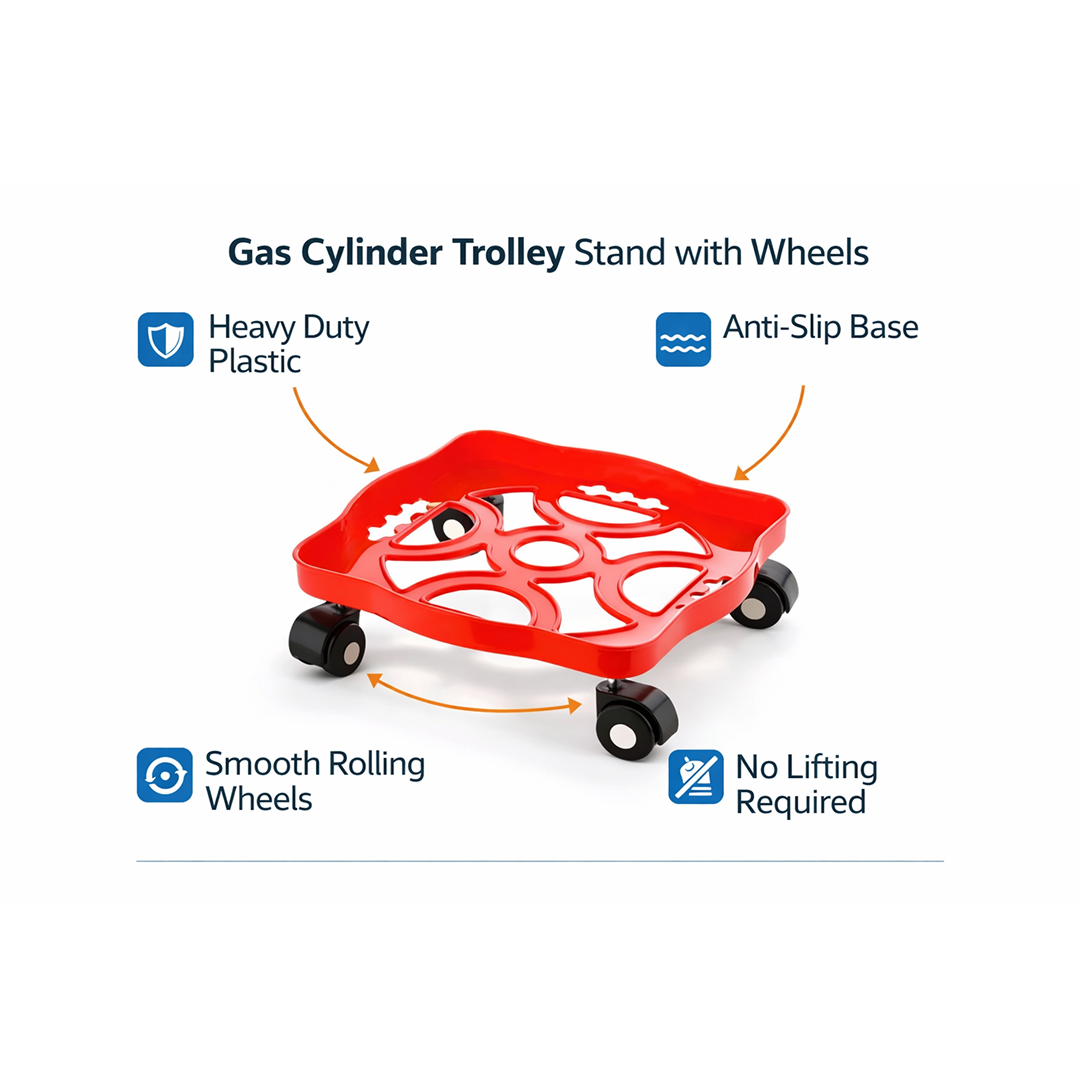 Close-up of heavy-duty castor wheels with anti-skid locks on a gas cylinder trolley.