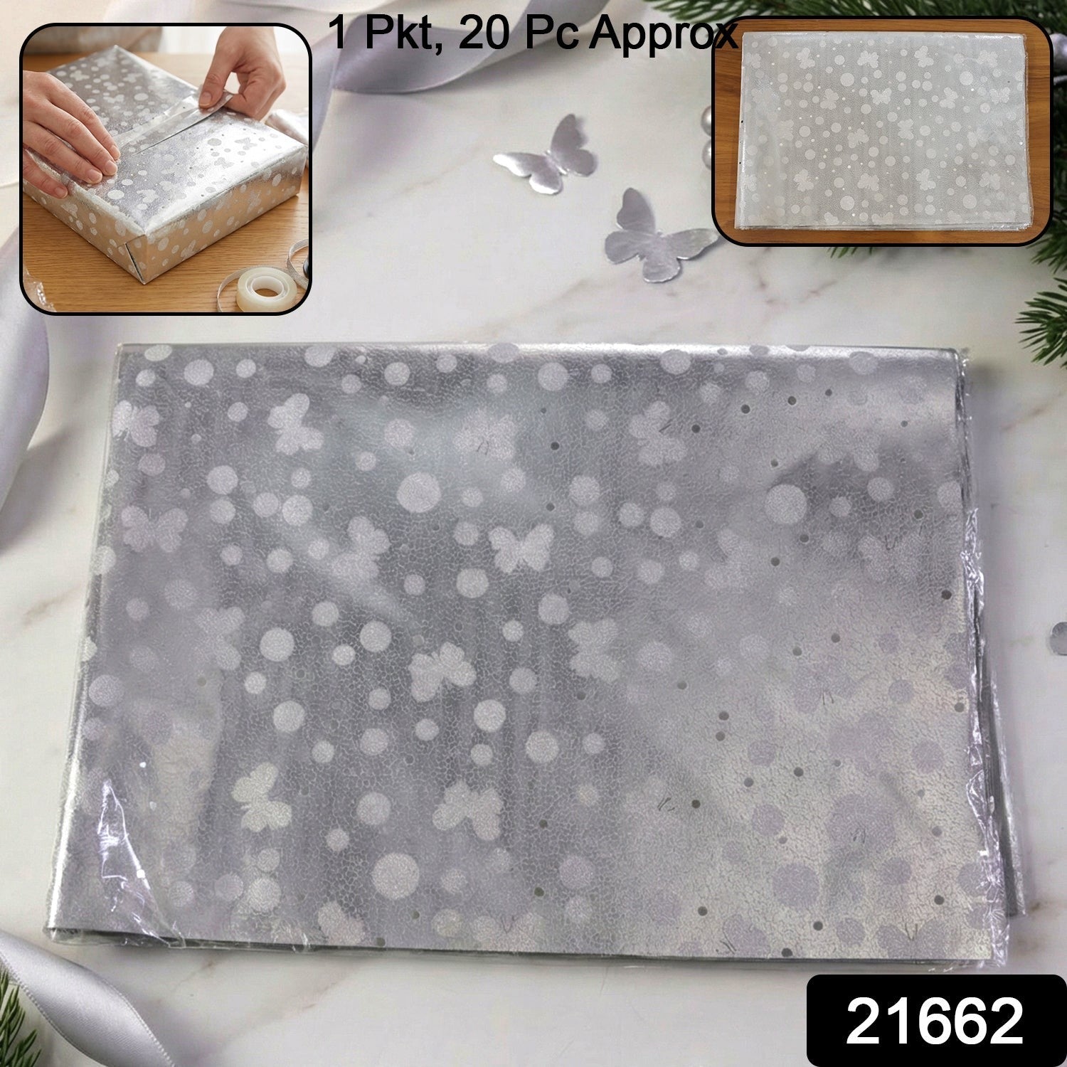 Assorted silver gift wrapping paper sheets in mixed colors and patterns