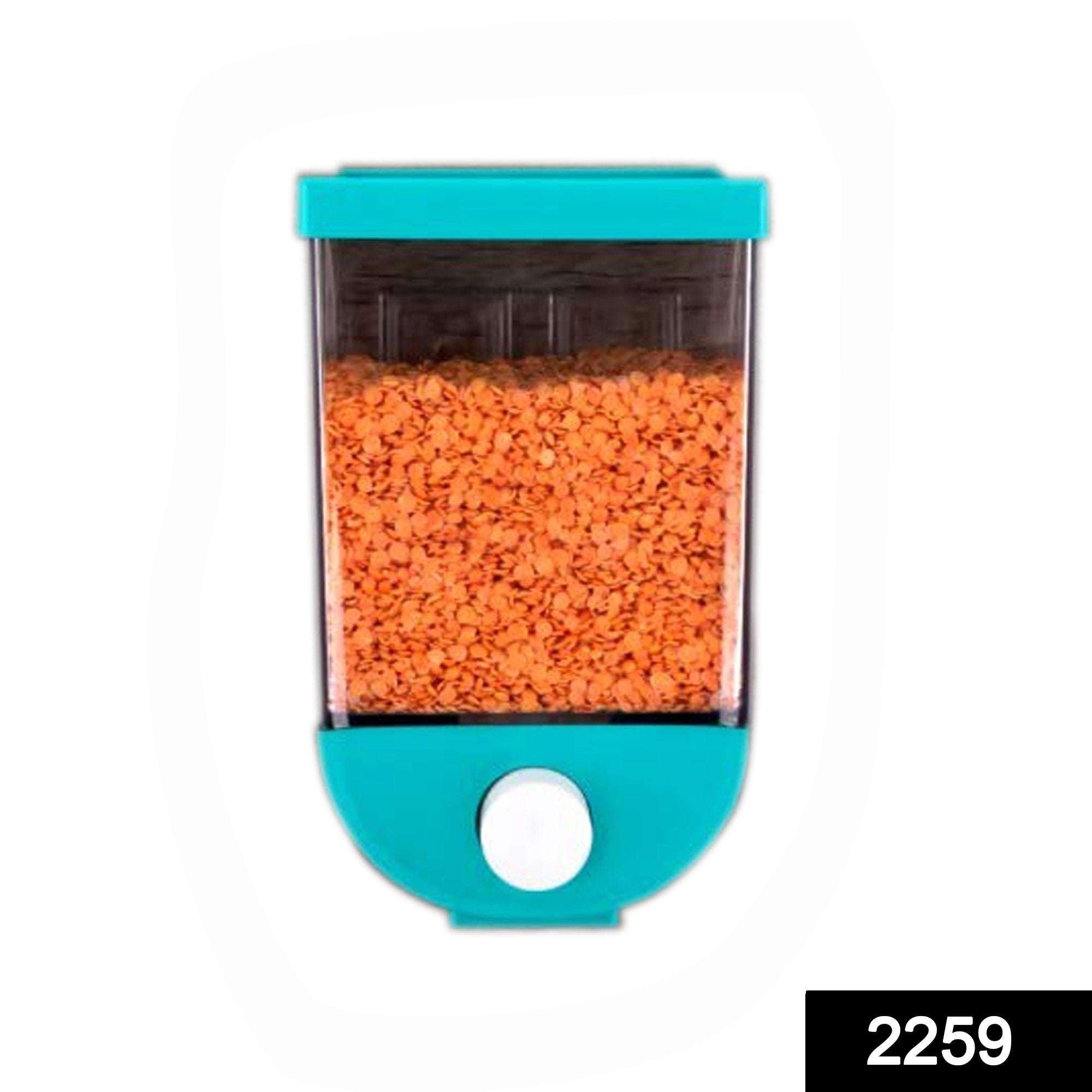 Close-up of the 1100 ml wall-mounted cereal dispenser, highlighting the push-button mechanism.