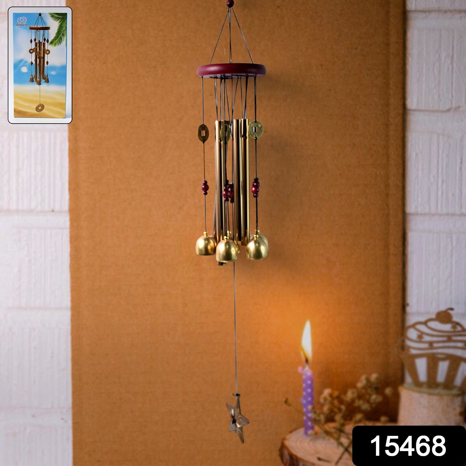 Dragonfly outdoor wind chime hanging in peaceful garden setting