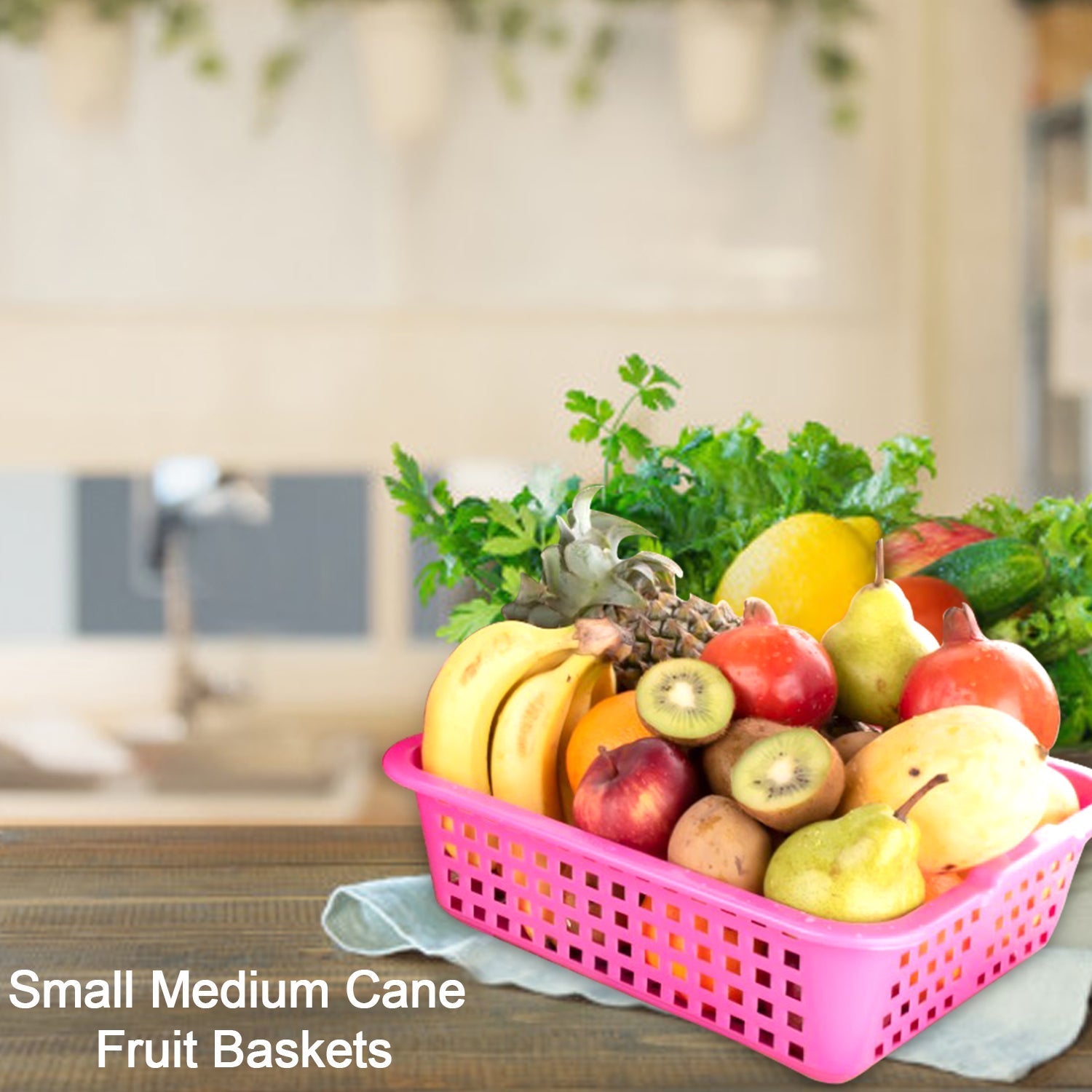 Front view of the medium plastic fruit basket, showcasing its elegant design.