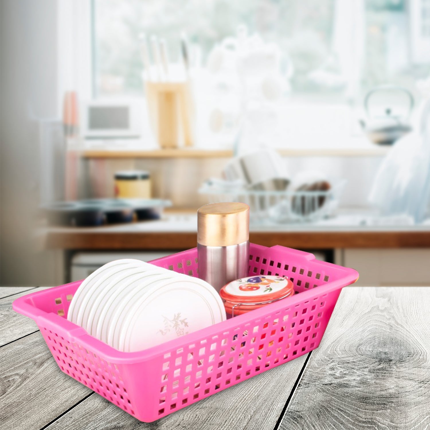 Medium size plastic fruit basket with a cane-style weave, ideal for kitchen counters.
