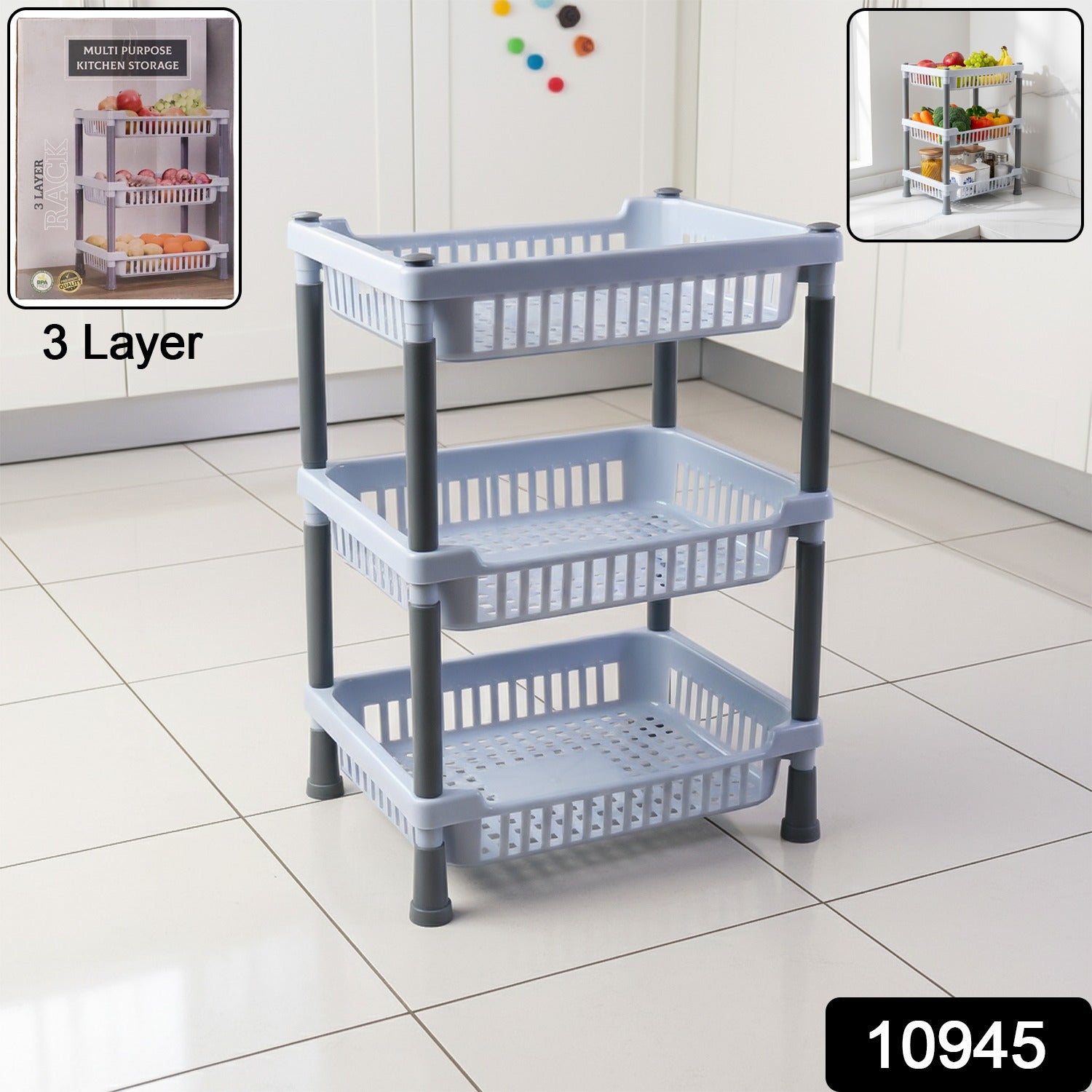 Multipurpose kitchen storage stand featuring 3 ventilated tiers