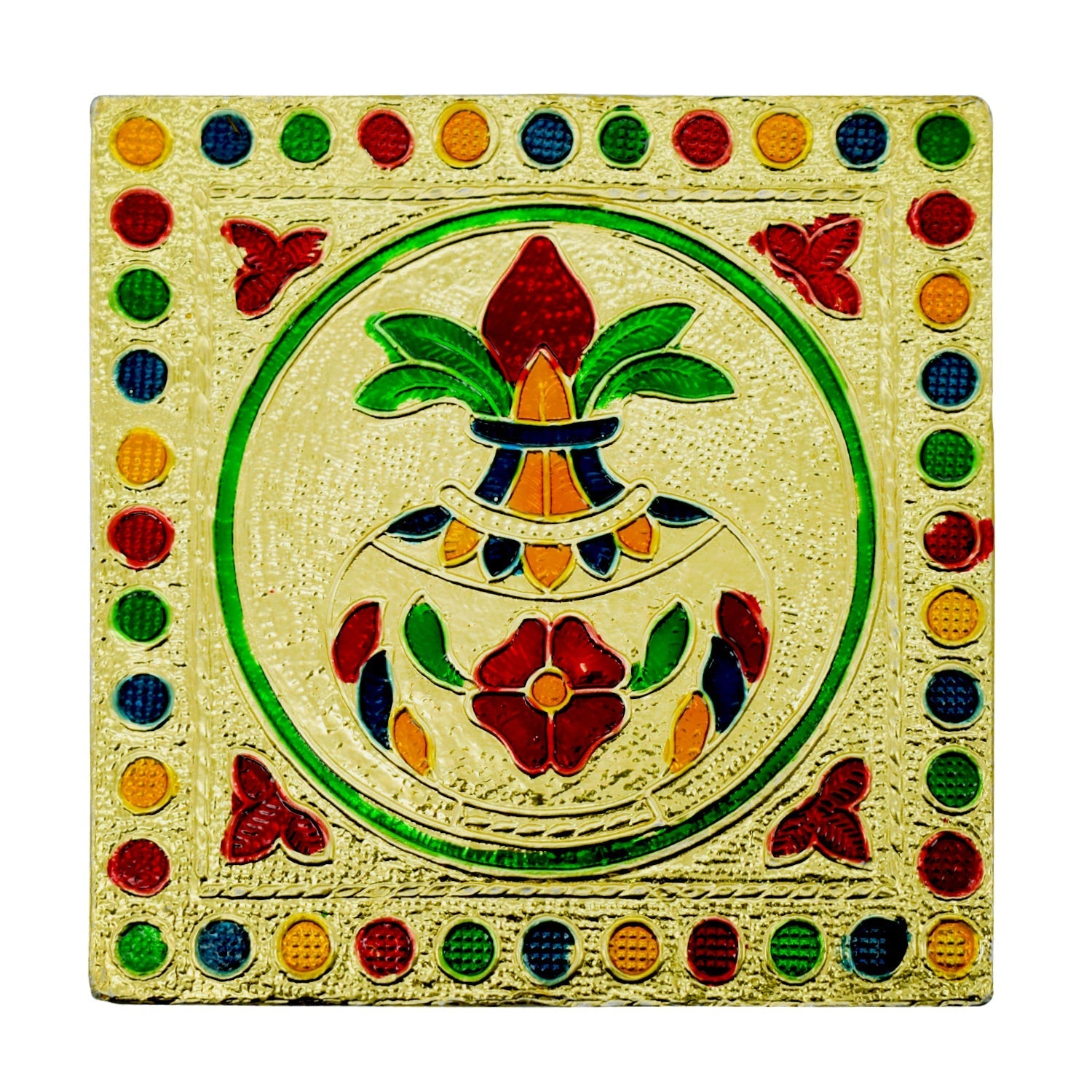 Artistic wooden bajot with a vibrant hand-painted surface, showcasing traditional Indian art.