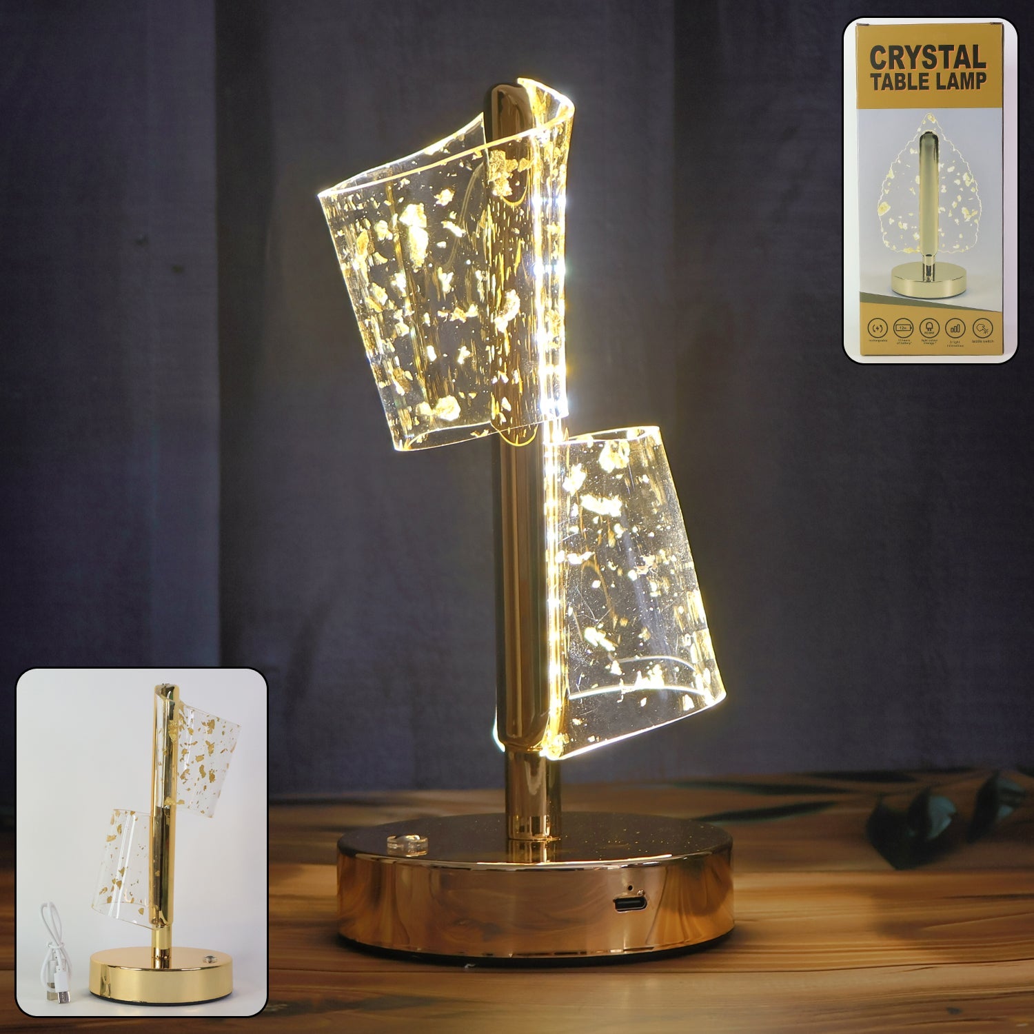 Golden Crystal LED Double Shade Table Lamp illuminating warm light