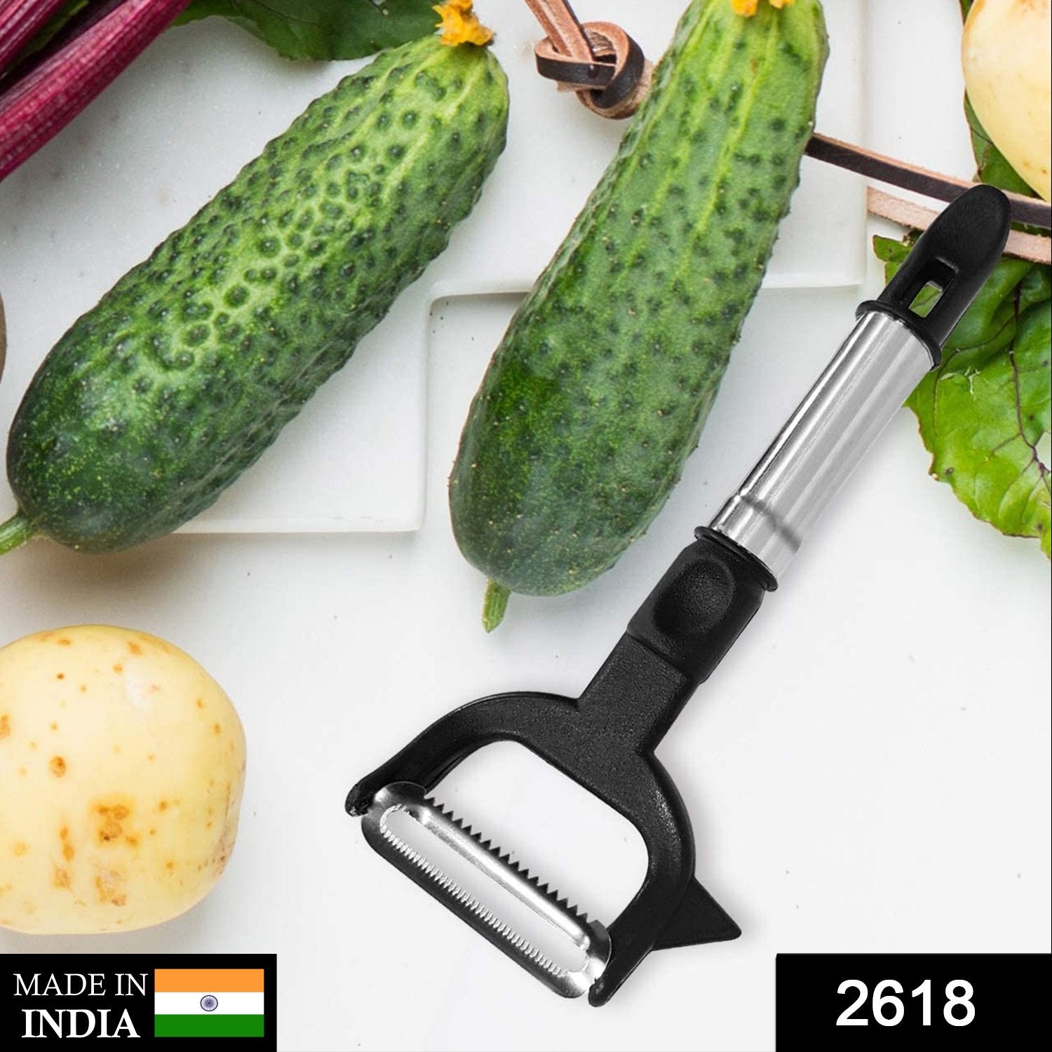 Quickslice Julienne Vegetable Peeler showcasing both the julienne and peeling blades.