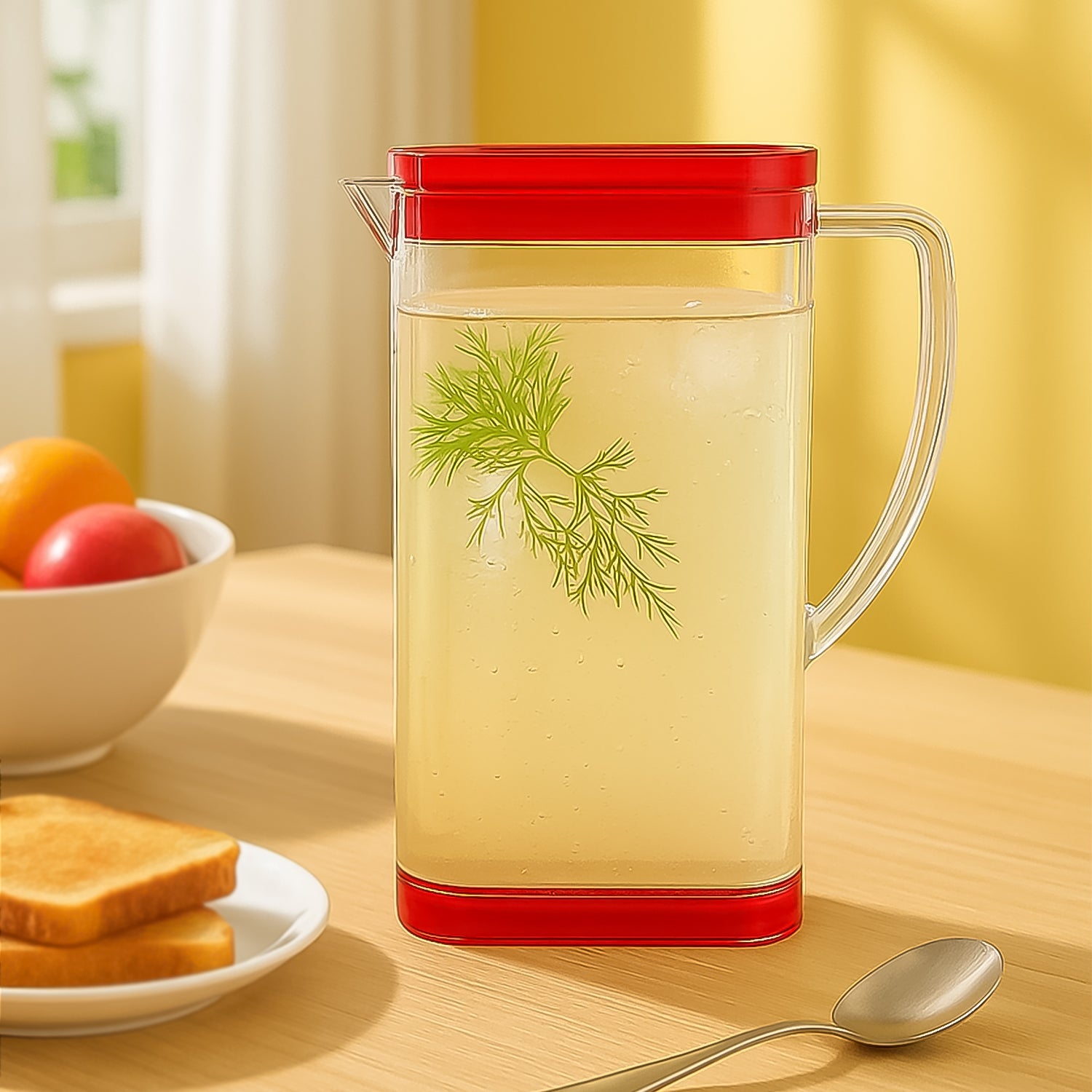 2000ml square plastic water jug with an easy-pour spout and secure lid.