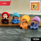 Decorative Resin Monk Buddha Showpiece Set Of 4 With Traditional Straw Hats