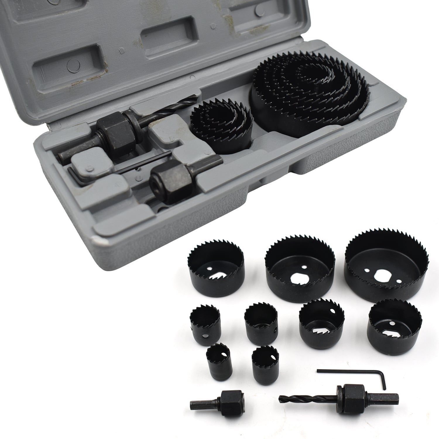 Hole saw kit with 12 pieces, displaying the 19-64mm diameter range for versatility.