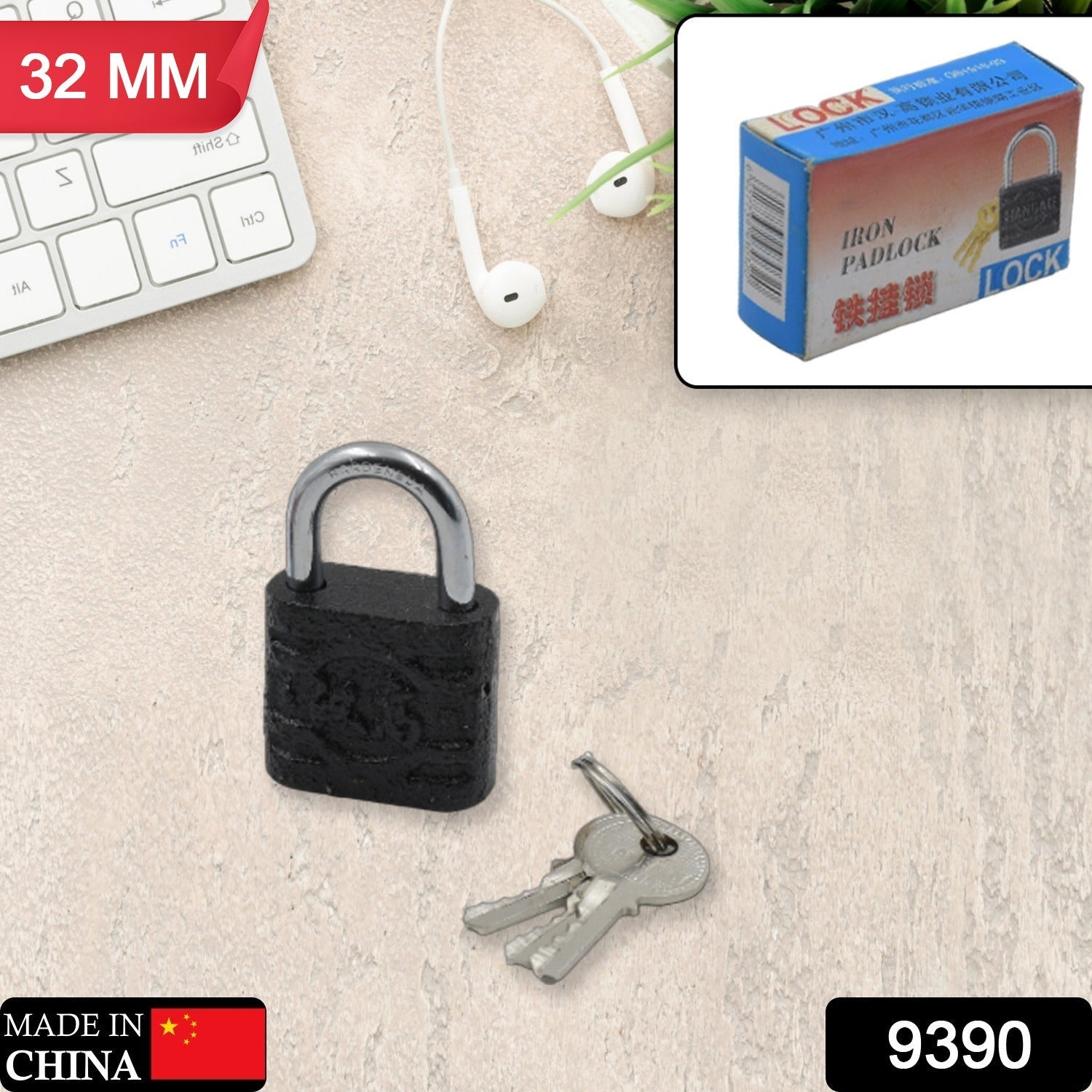 Side view of the black iron padlock, highlighting its robust shackle and construction.